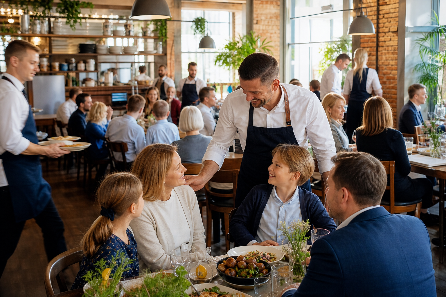 Rozwój restauracji pokazany przez większy ruch, pełne stoliki i zadowolonego właściciela.