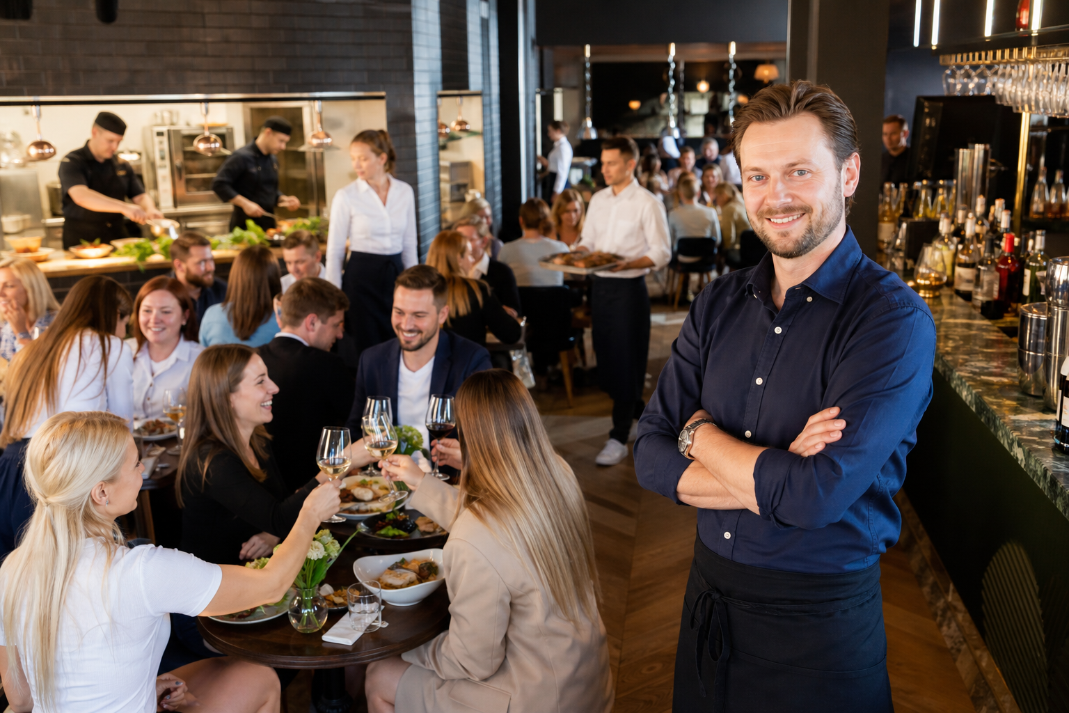 Dumny wlasciciel w pelnej restauracji w Katowicach podczas udanego serwisu.