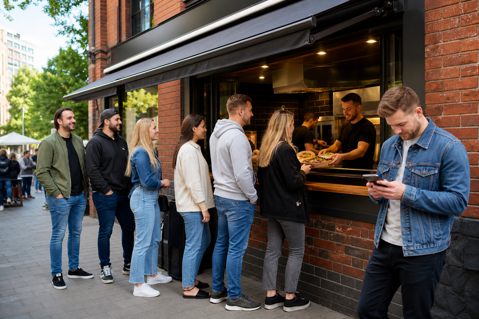 Klient z telefonem wybiera popularny lokal z pizza, kebabem i burgerami.