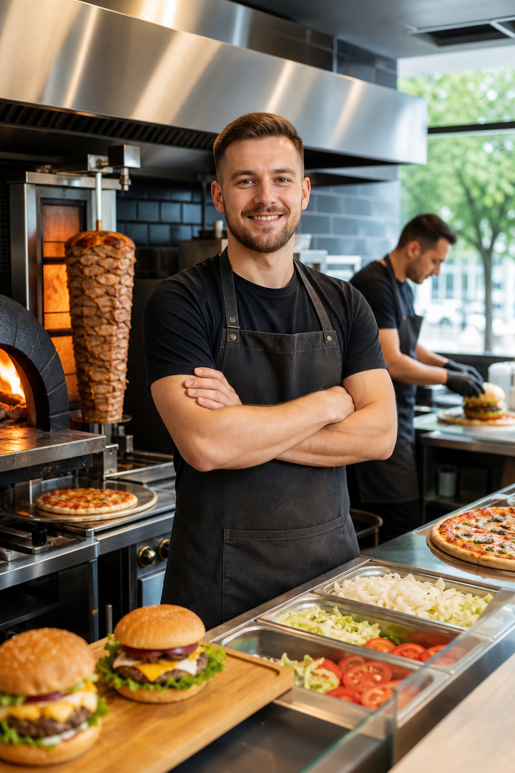 Pewny siebie wlasciciel lokalu z pizza, kebabem i burgerami.