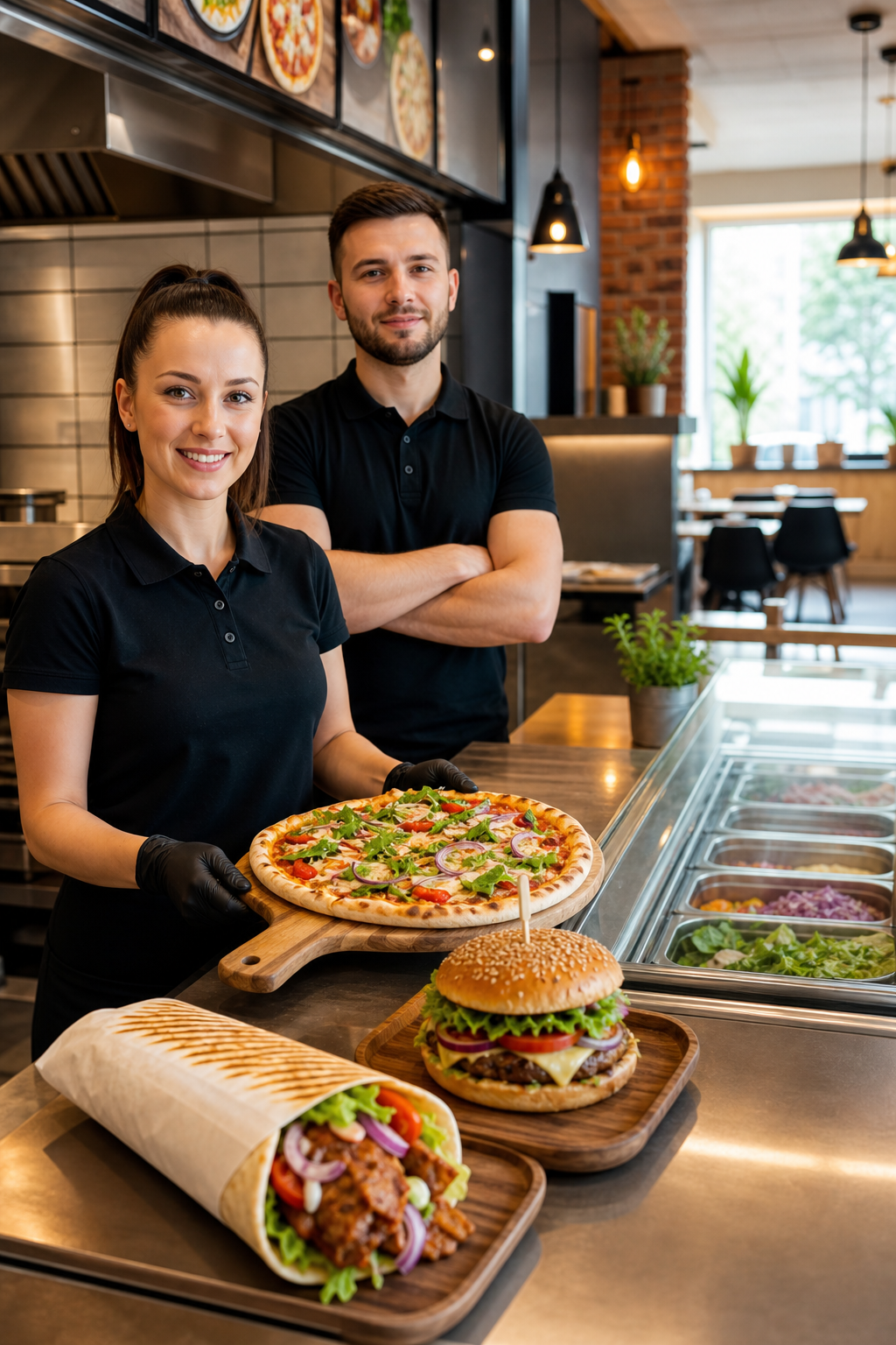 Schludny lokal fast food w spokojnym momencie, gotowy na klientow.
