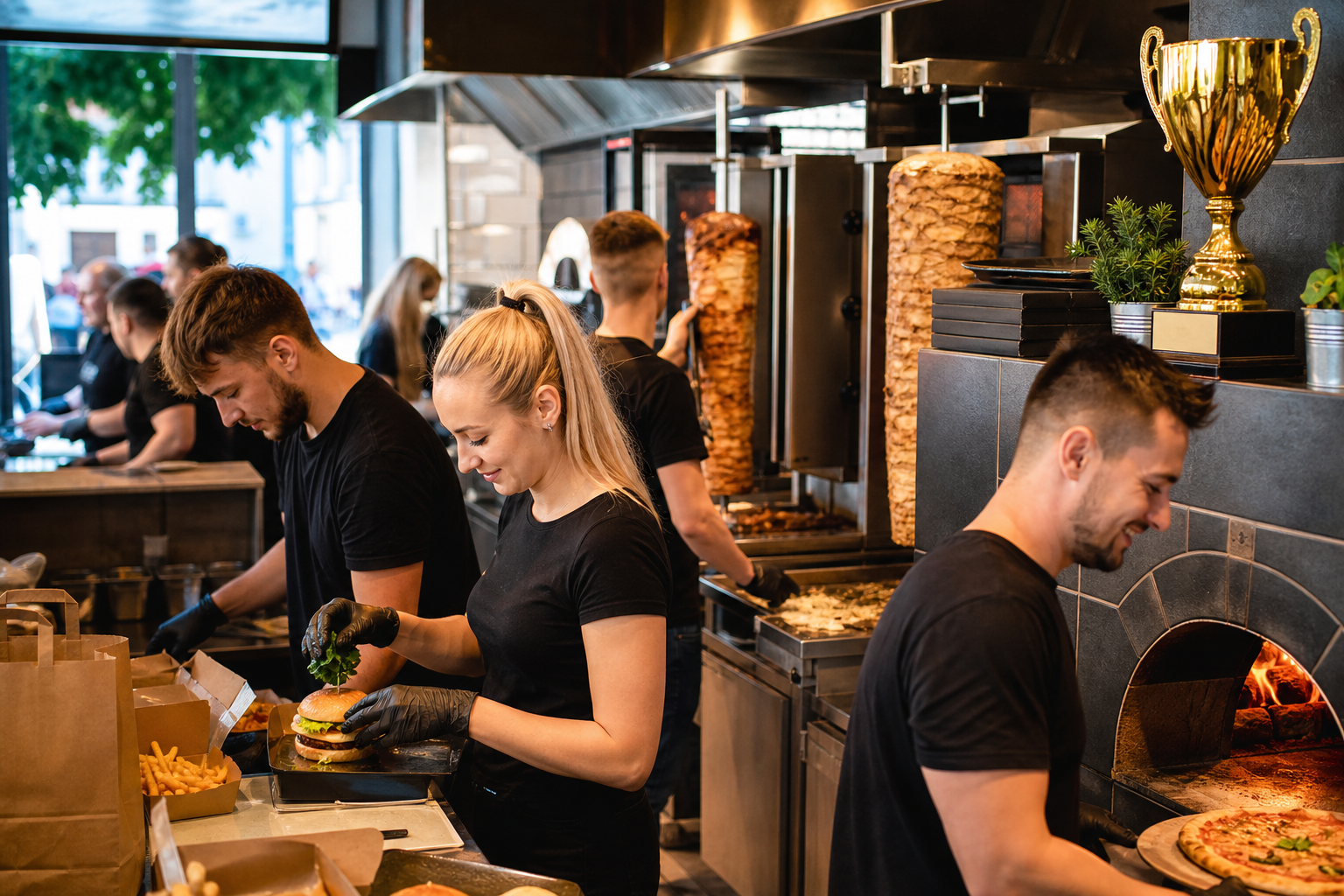 Ruchliwy lokal fast food z symbolem zwyciestwa i wieloma zamowieniami.