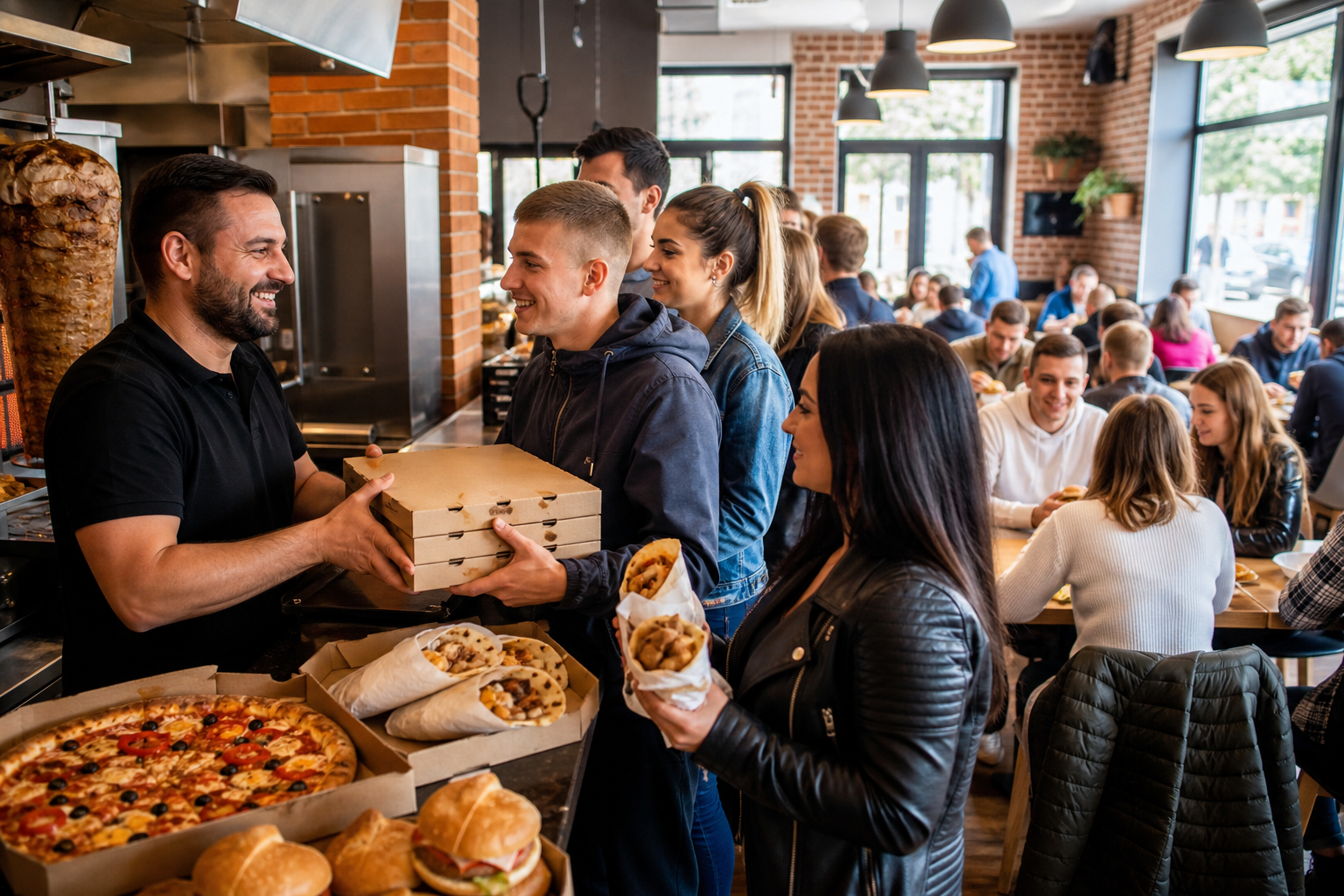 Rosnacy ruch w lokalu z pizza, kebabem, burgerami i frytkami.