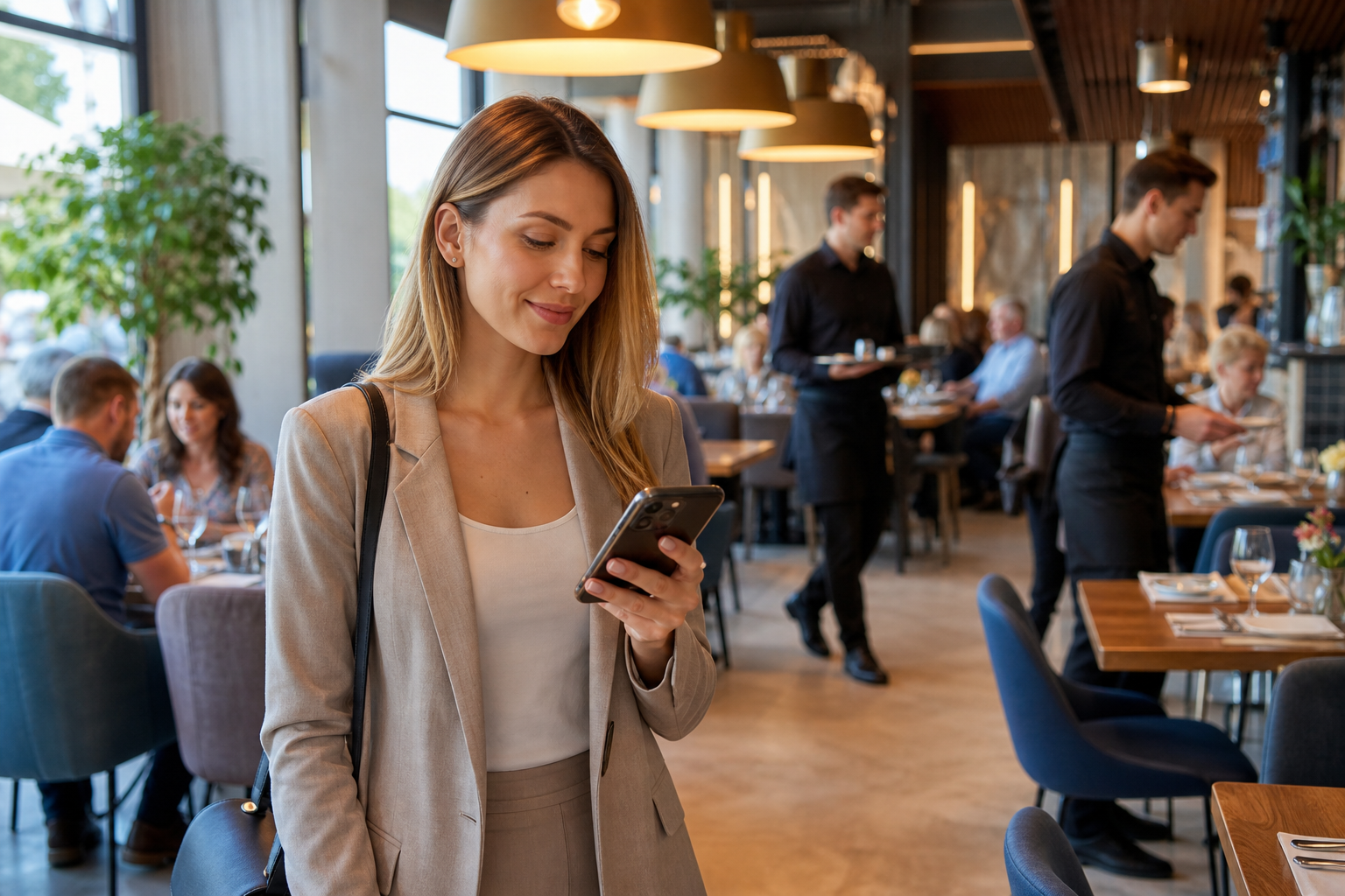 Klientka w rzeszowskiej restauracji wybiera stolik, patrząc w telefon.