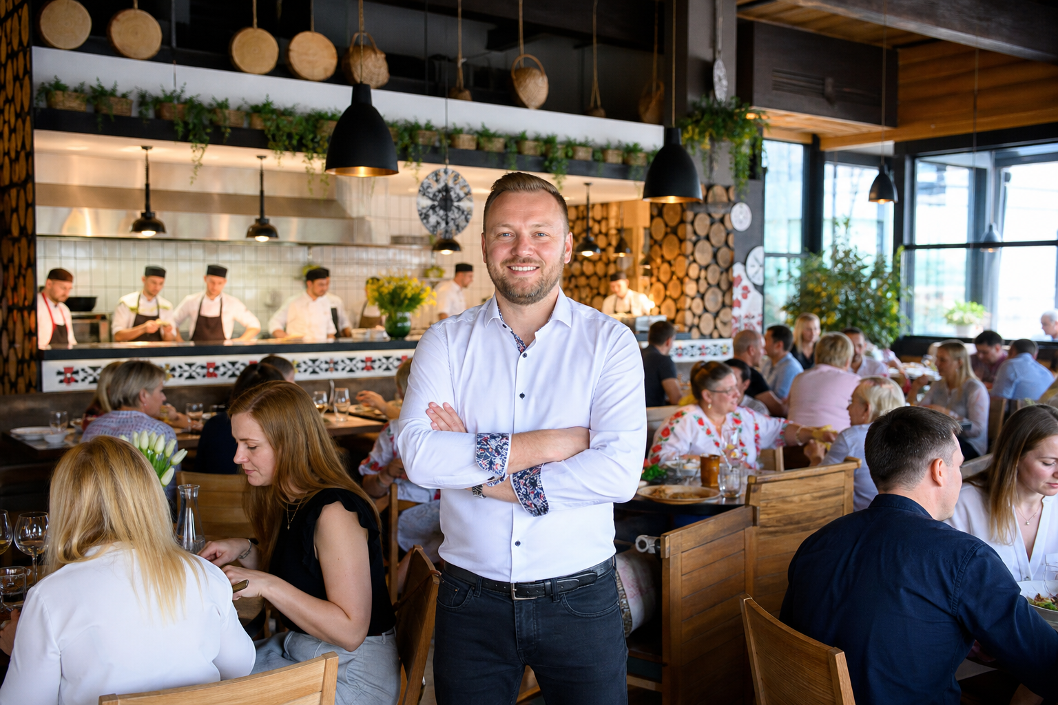Dumny właściciel w pełnej, popularnej restauracji w Rzeszowie.