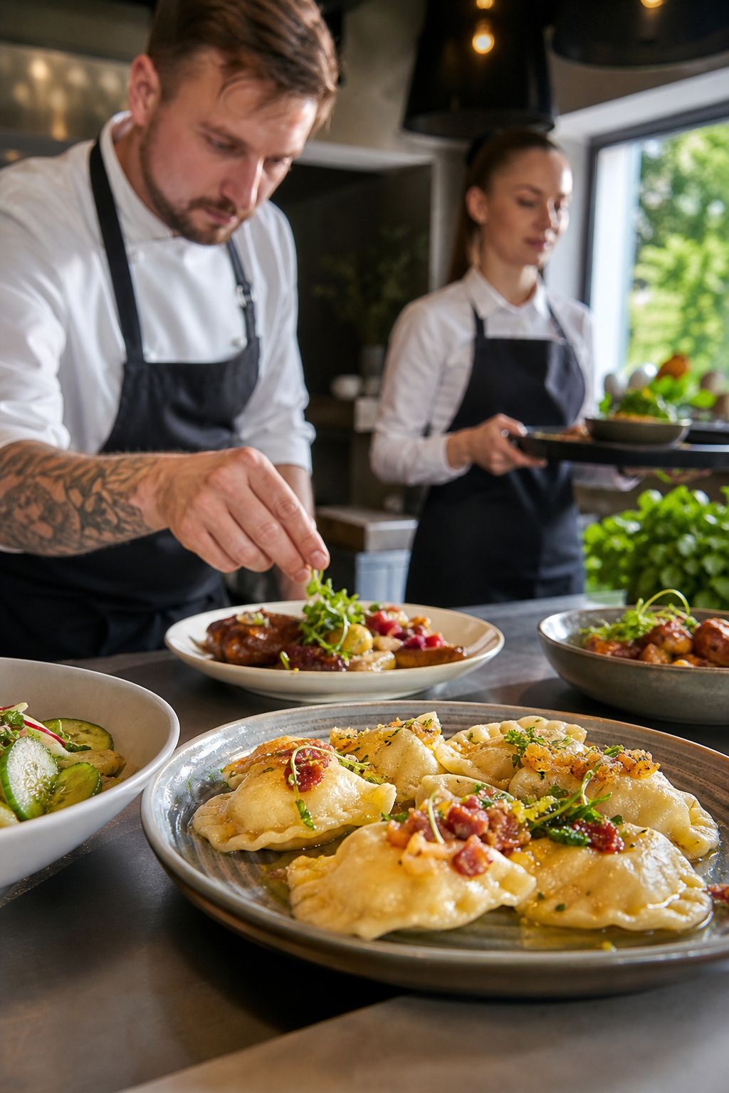 Gotowe dania w restauracji w Rzeszowie czekają, by przyciągnąć gości.