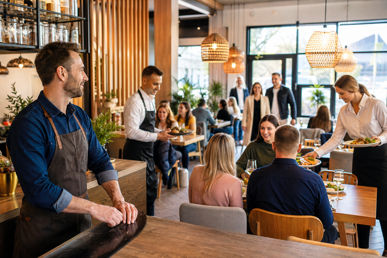 Rosnący ruch w rzeszowskiej restauracji, zadowolony właściciel i wielu gości.