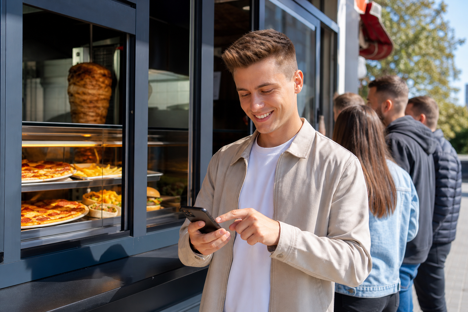 Klient wybiera lokal fast food w Rzeszowie przez telefon.