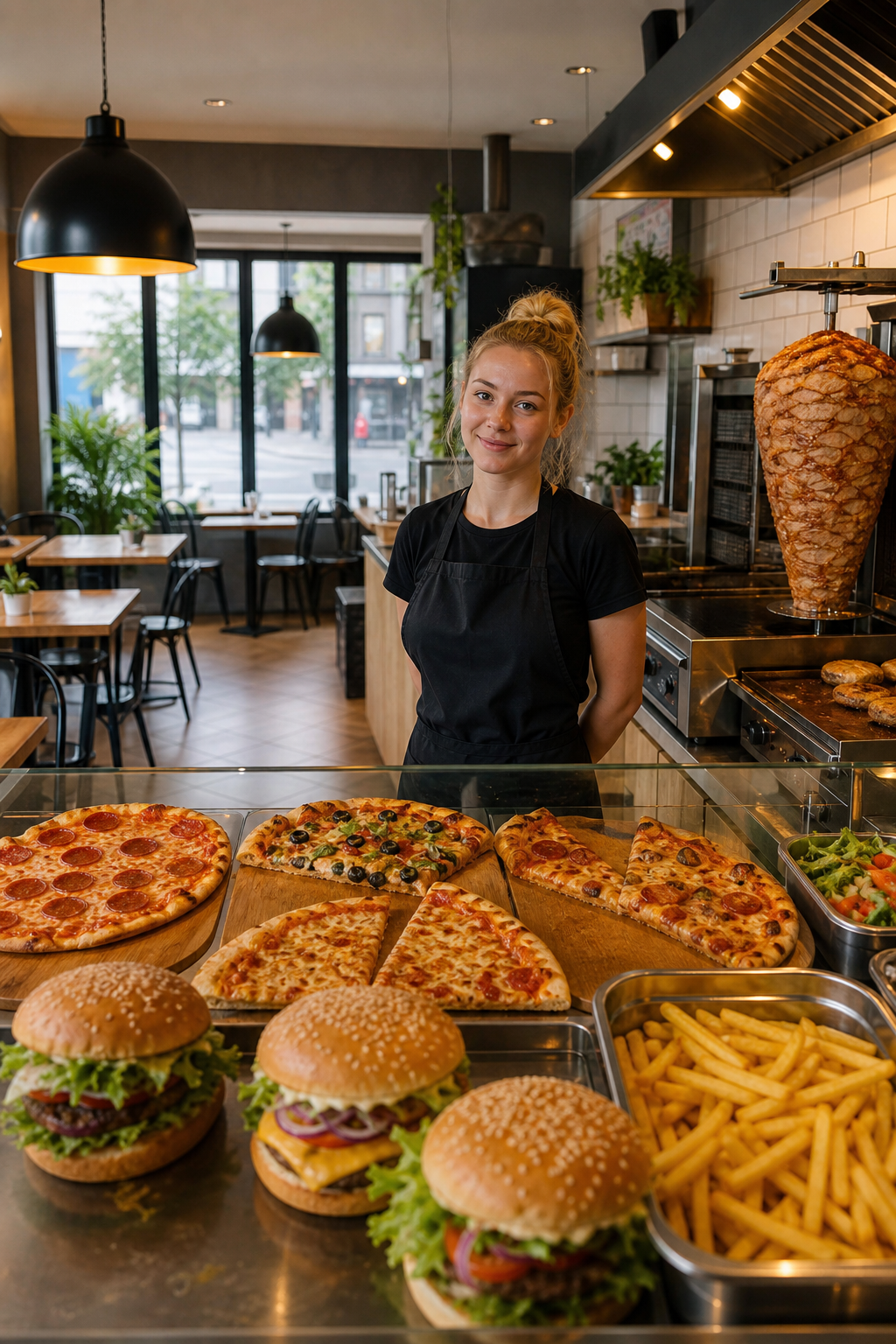 Ładny lokal z pizzą, kebabem i burgerami w spokojnej chwili.