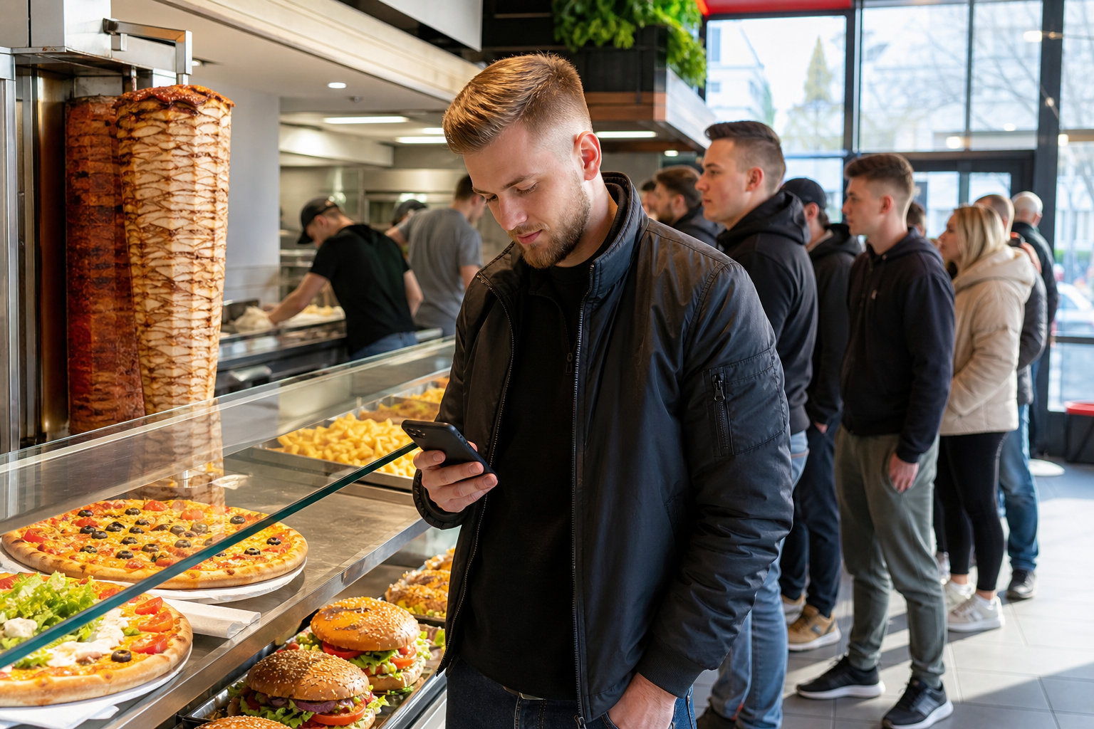 Klient wybiera lokal fast food w telefonie, a przy ladzie czeka kolejka gości.