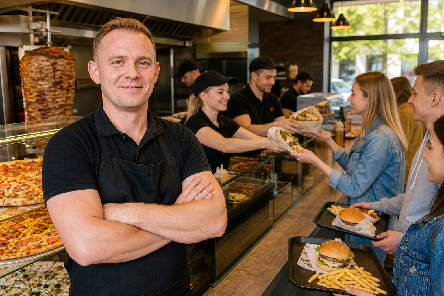 Dumny właściciel w pełnym klientów lokalu z pizzą, kebabem, burgerami i frytkami.