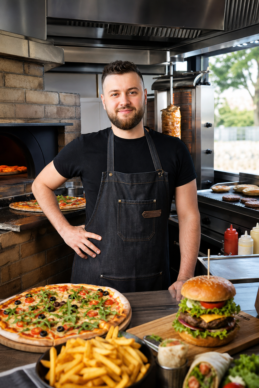 Pewny siebie właściciel lokalu przy piecu do pizzy, kebabie i grillu burgerowym.