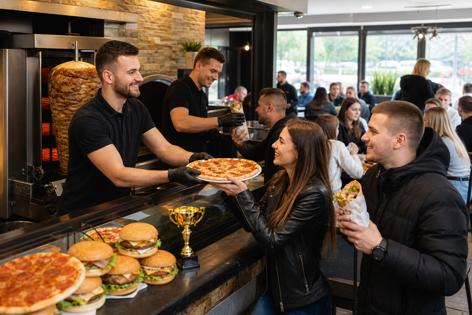 Popularny lokal fast food z ruchem przy ladzie i symbolem wygranej na blacie.