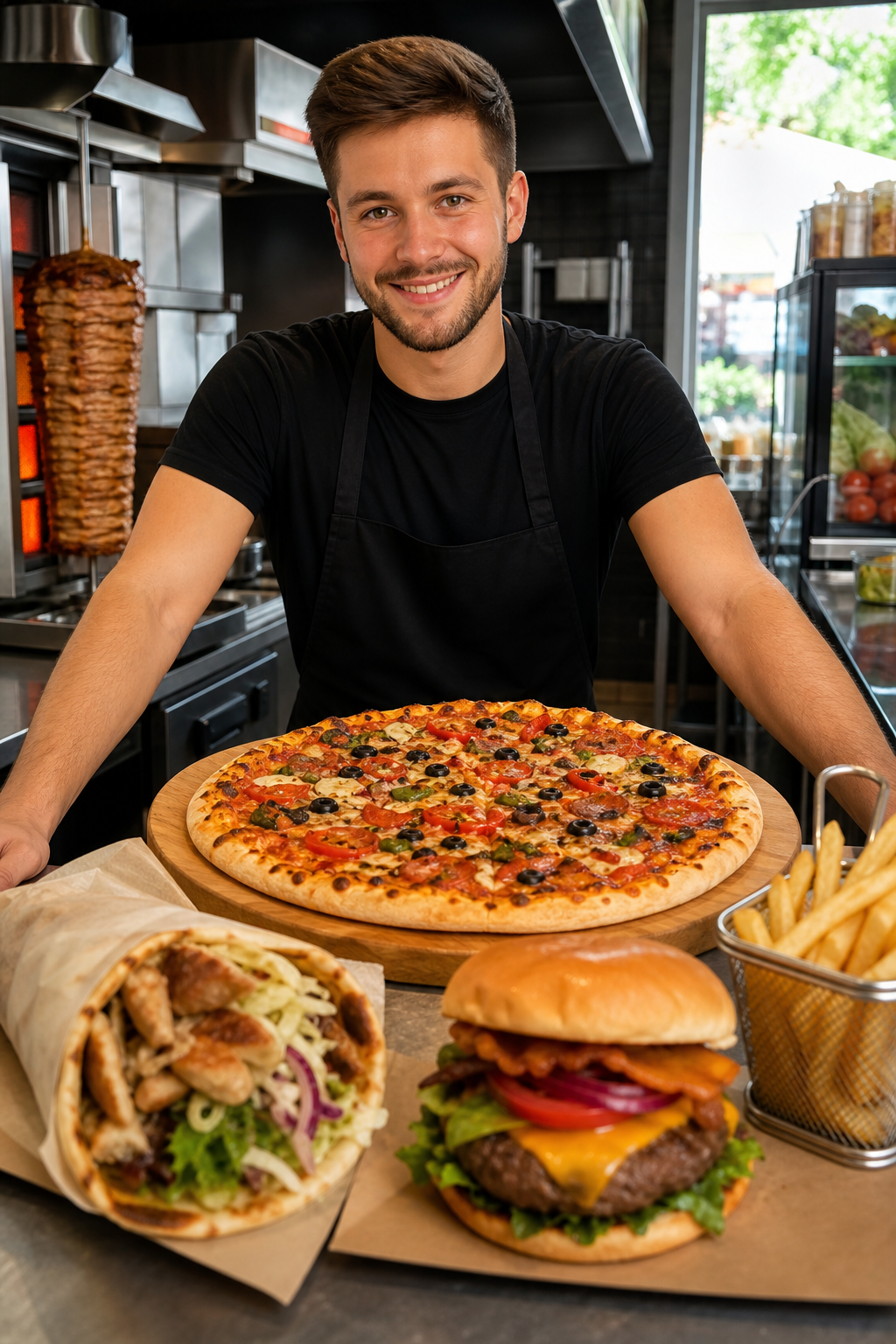 Apetyczna pizza, kebab, burger i frytki gotowe, by przyciągnąć klientów.