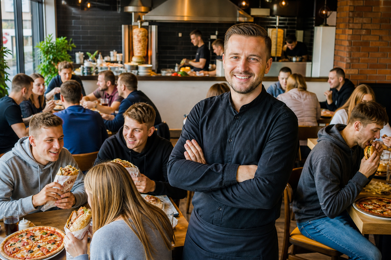 Dumny właściciel w pełnym, tętniącym życiem lokalu fast food.