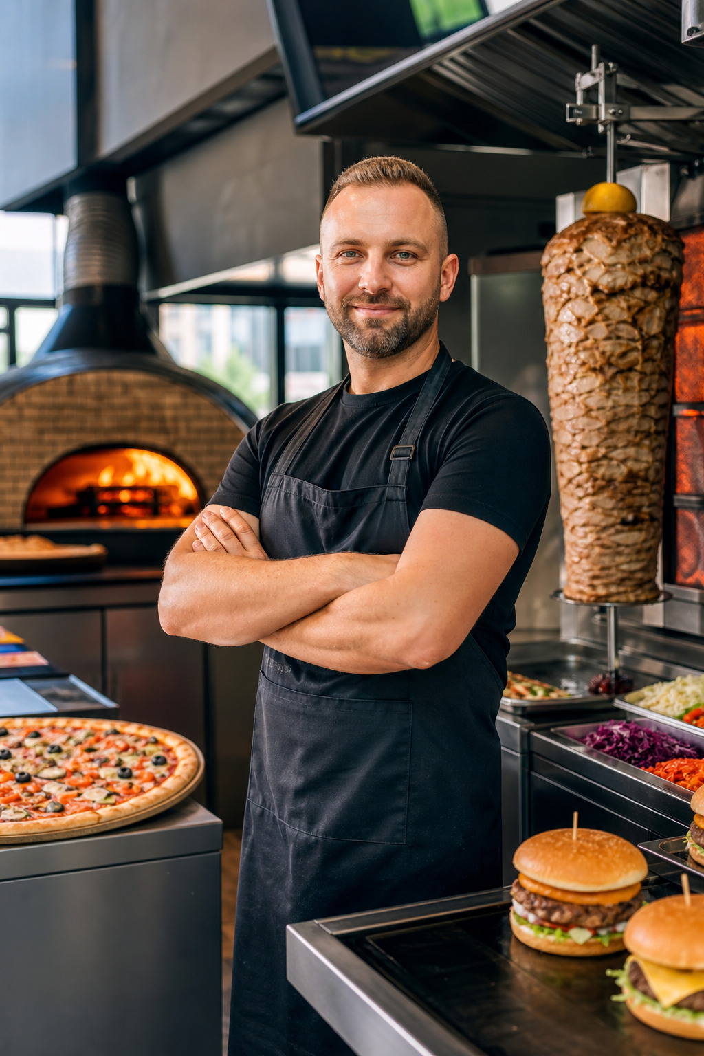 Pewny siebie właściciel lokalu z pizzą, kebabem i burgerami.