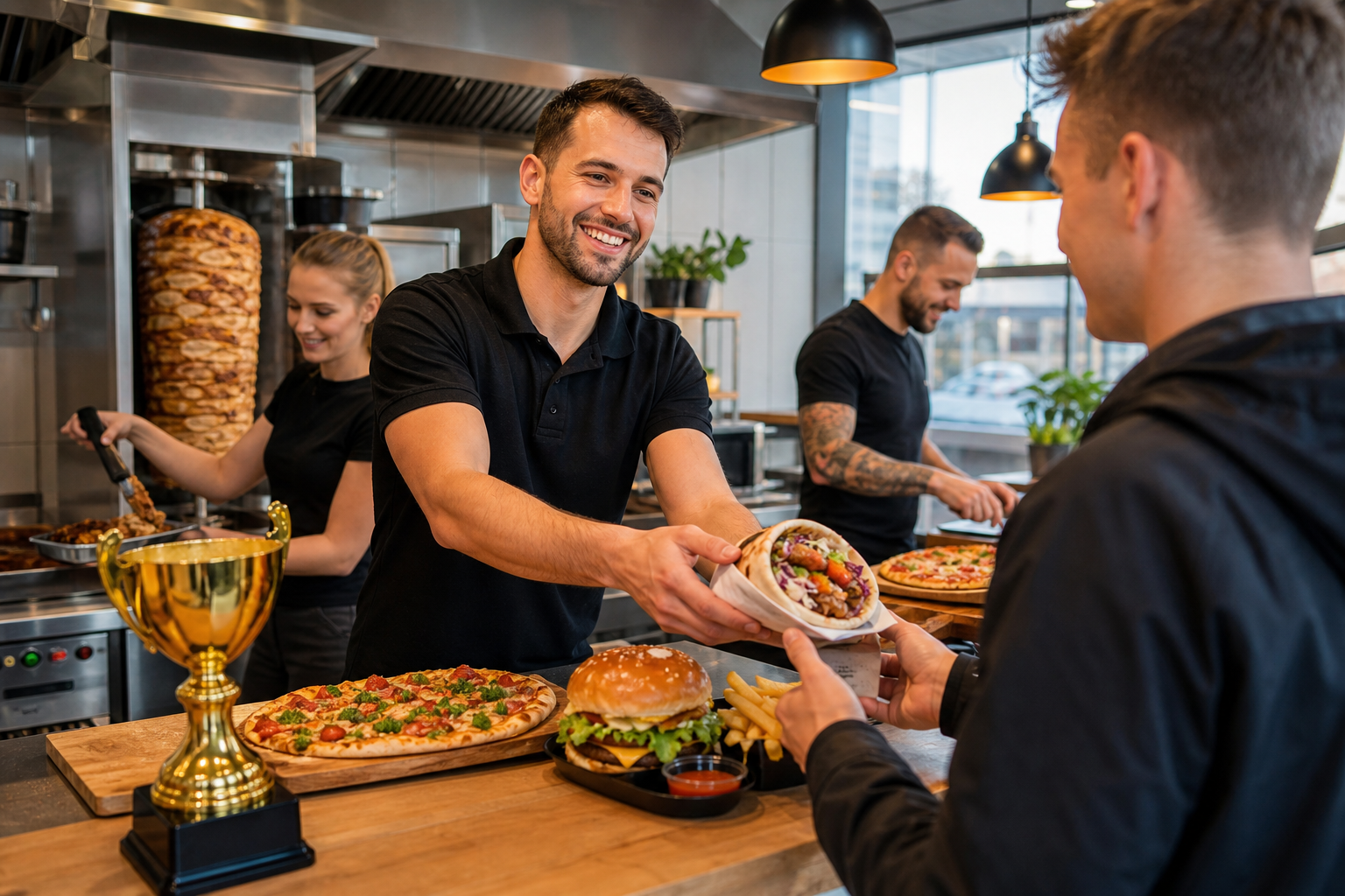 Ruchliwy lokal fast food z trofeum jako symbolem rankingu.
