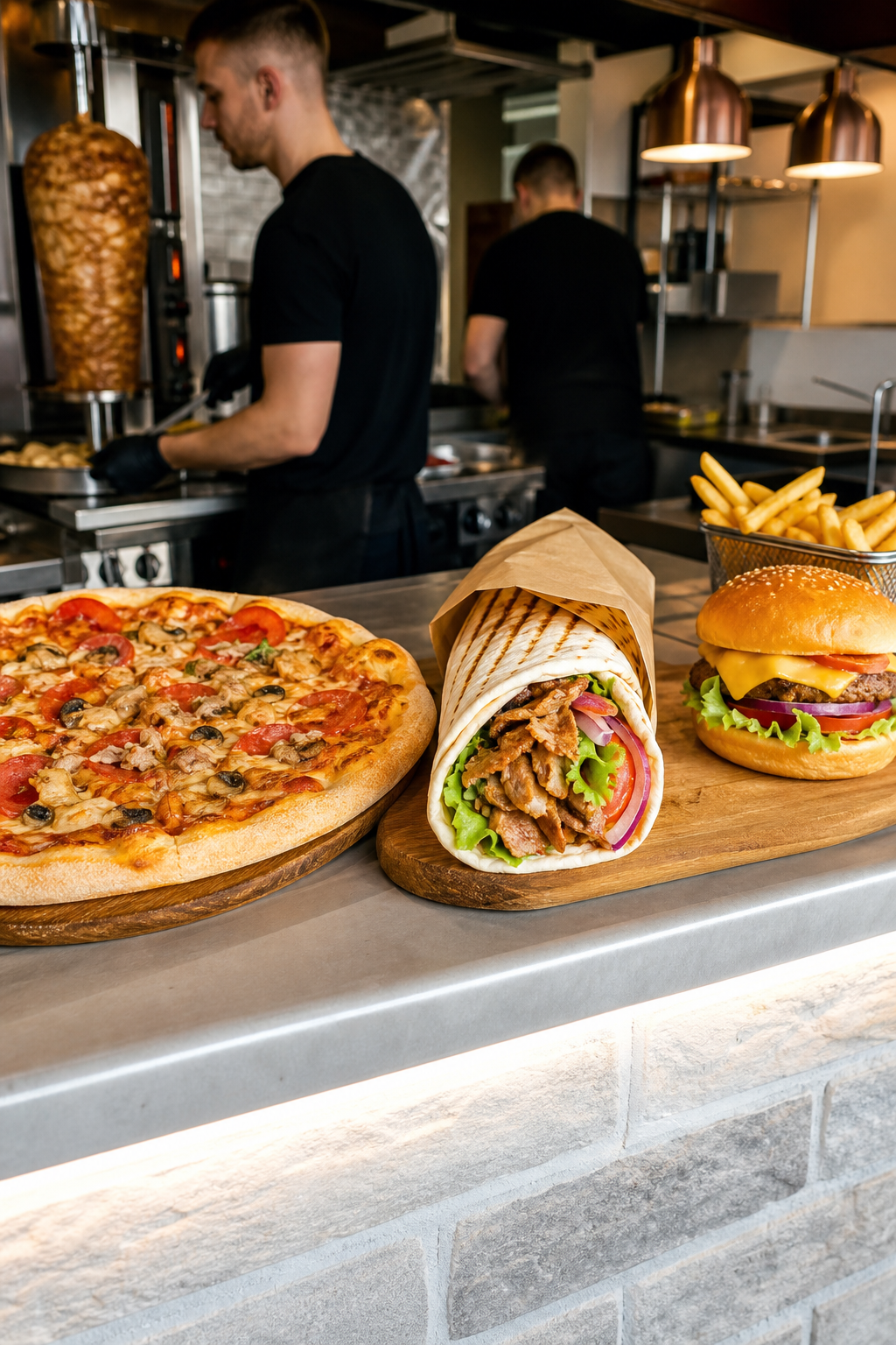 Gotowe dania fast food czekające, by przyciągnąć klientów.