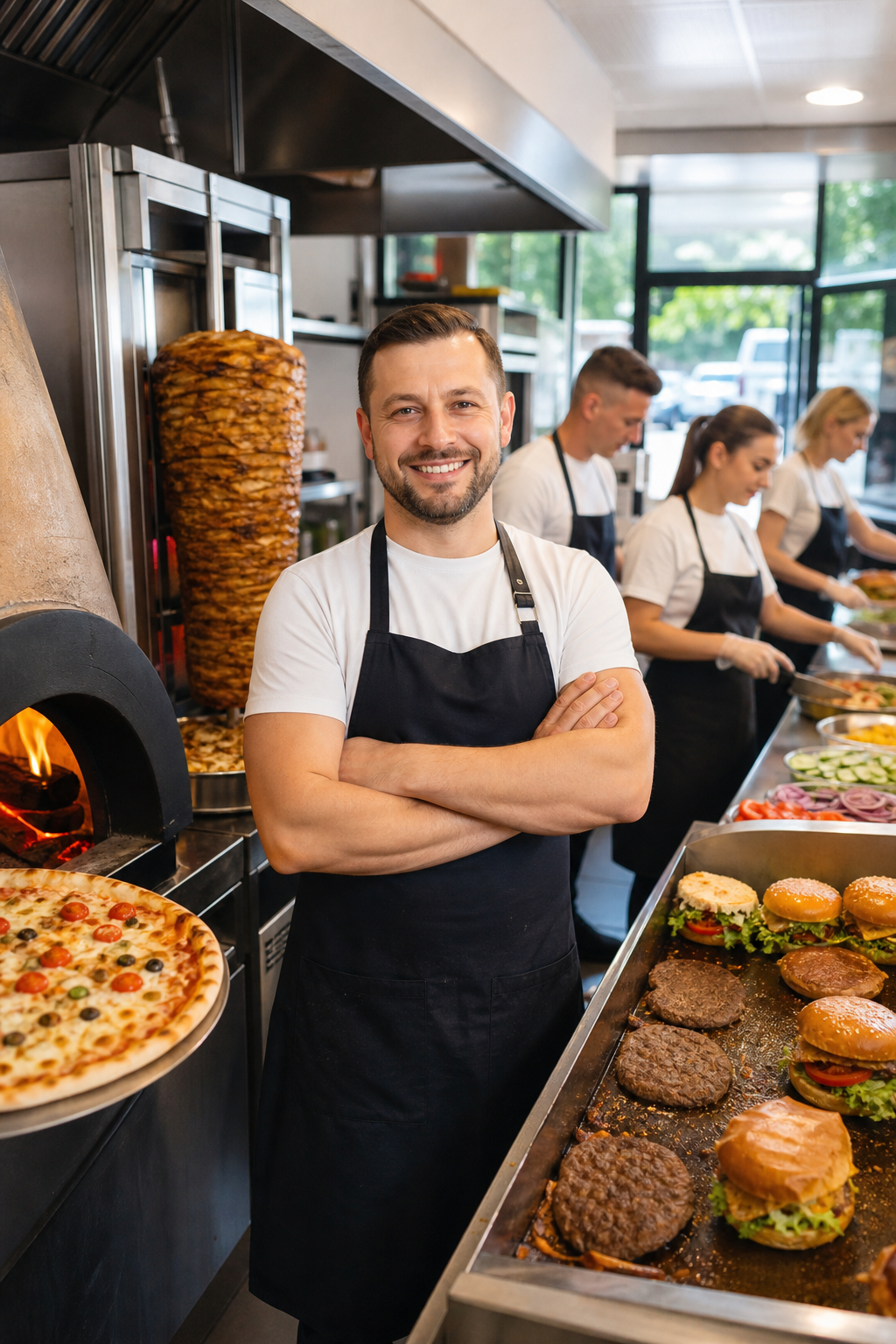 Pewny siebie właściciel lokalu z pizzą, kebabem i burgerami w Radomiu.