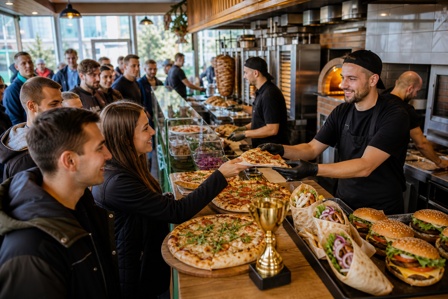 Popularny fast food w Radomiu z kolejką i symbolem zwycięstwa.