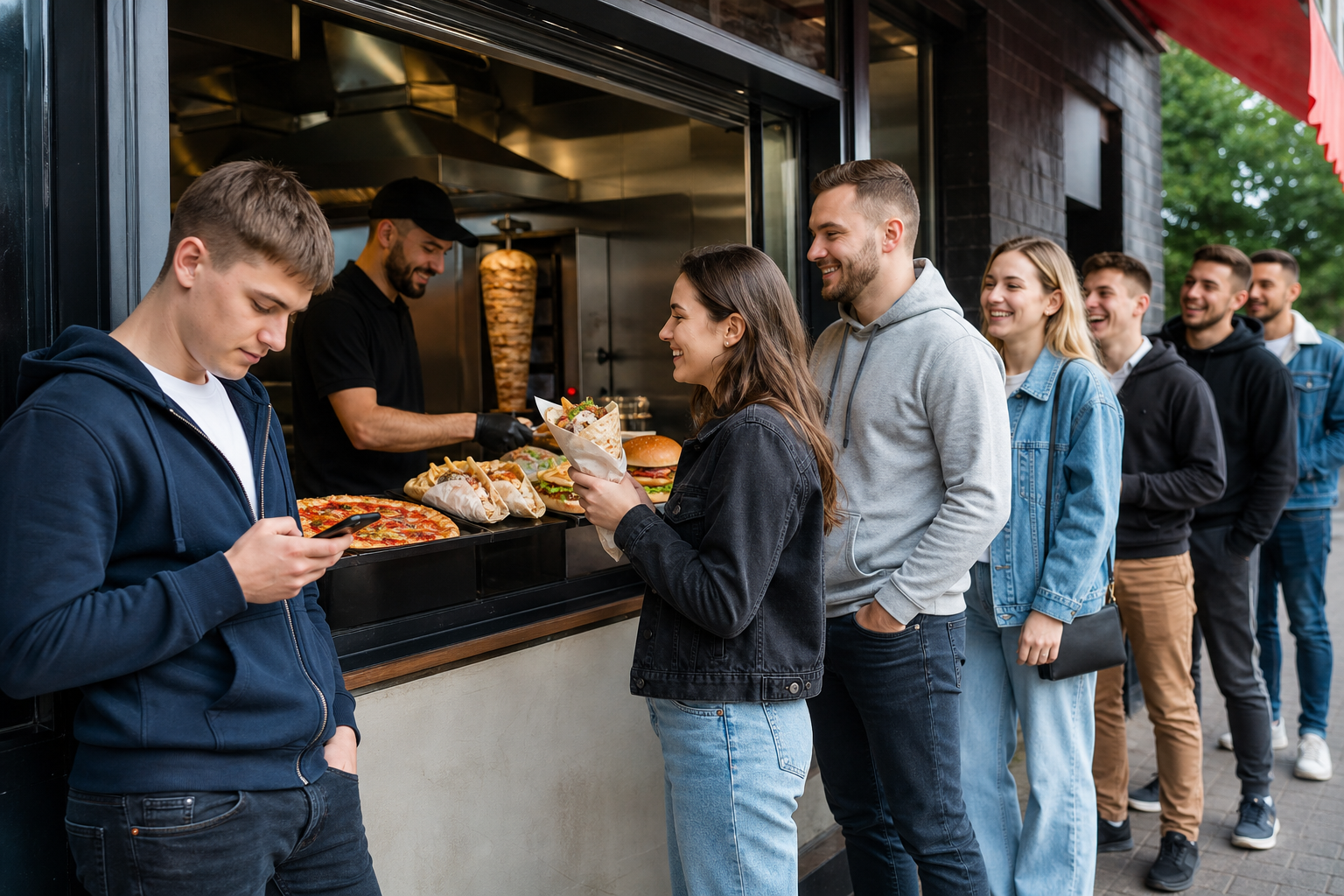 Klient wybiera popularny lokal fast food w Radomiu, przed wejściem czeka kolejka.