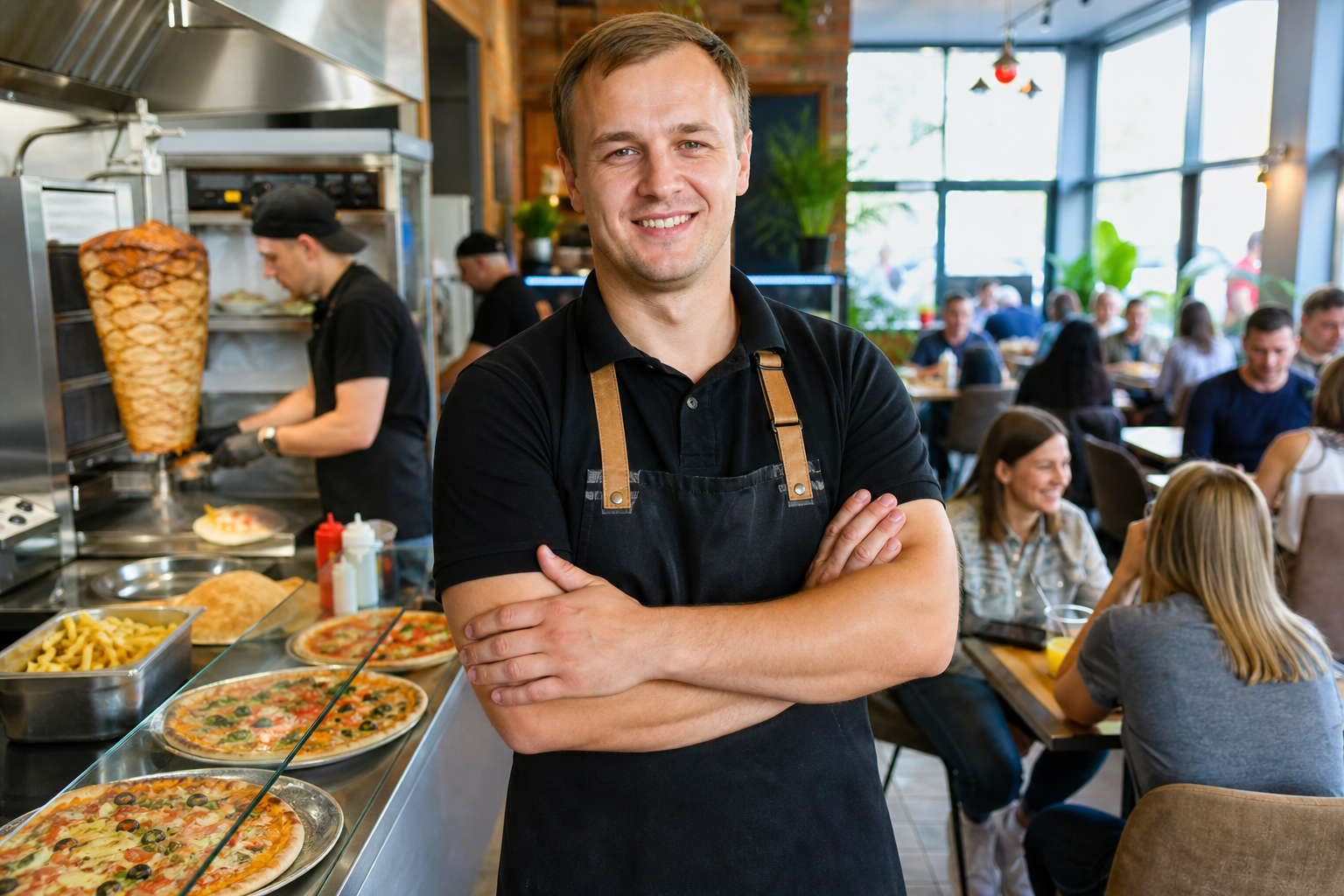 Dumny właściciel w pełnym lokalu z pizzą, kebabem i burgerami w Radomiu.