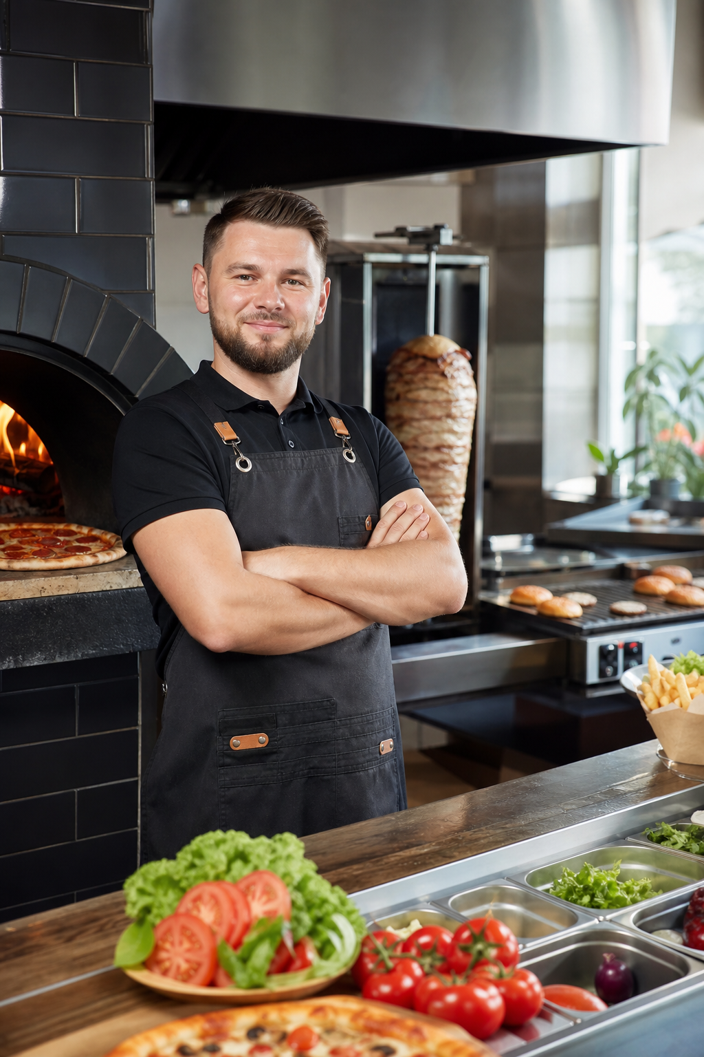 Pewny siebie właściciel lokalu z pizzą, kebabem i burgerami w Radomiu.