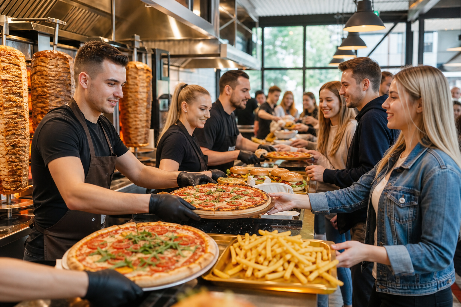 Ruchliwy lokal fast food w Radomiu z symbolem zwycięstwa i kolejką gości.