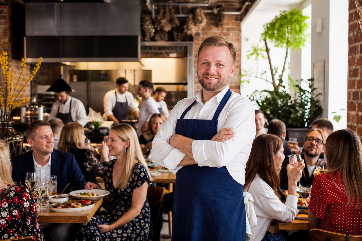 Dumny właściciel w pełnej, odnoszącej sukces restauracji w Warszawie.