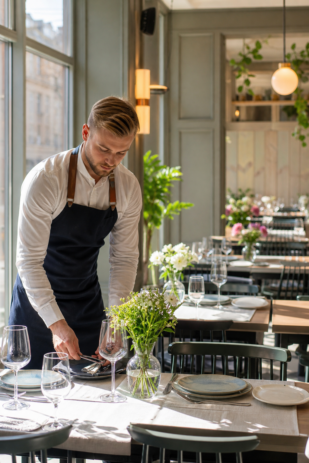 Ładna restauracja w spokojnym momencie, z nakrytymi pustymi stolikami.