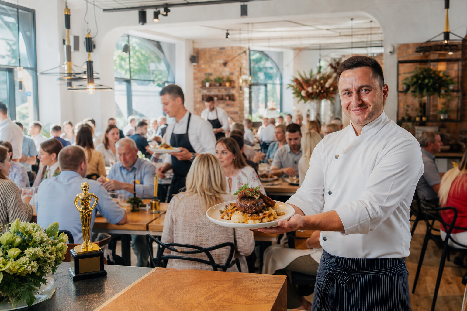 Tętniąca ruchem restauracja z symbolem zwycięstwa i pełnymi stolikami.