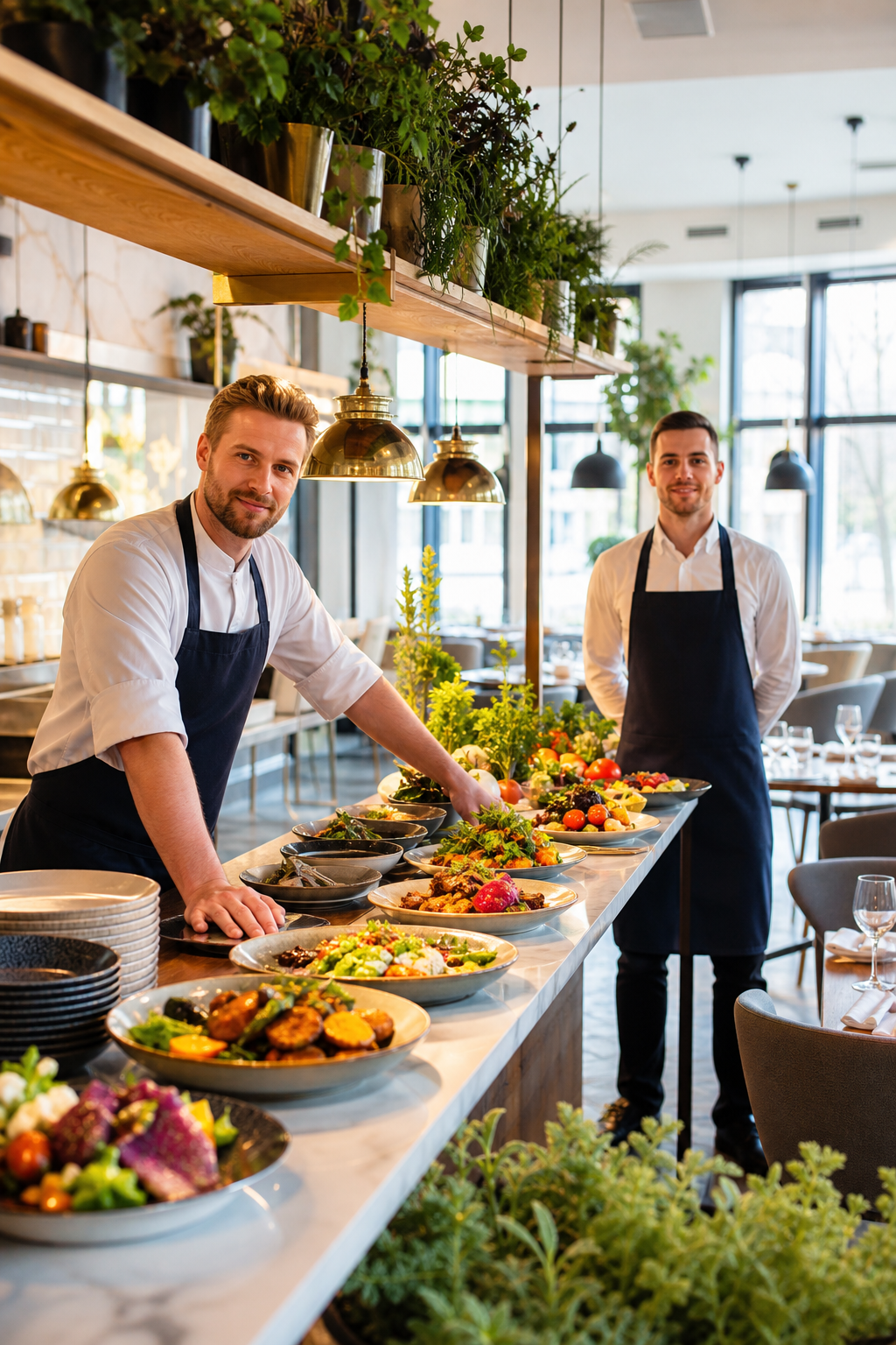 Gotowe dania i zespół restauracji czekają na gości przy pustych stolikach.