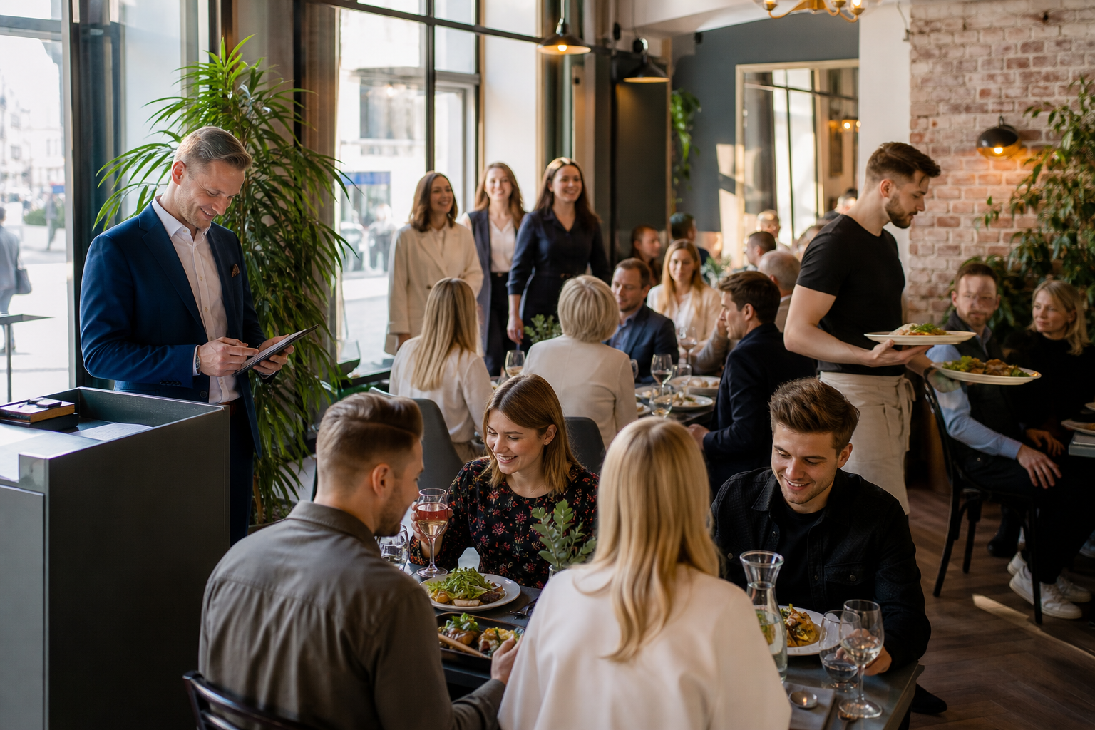 Restauracja z rosnącą liczbą gości i zadowolonym właścicielem.