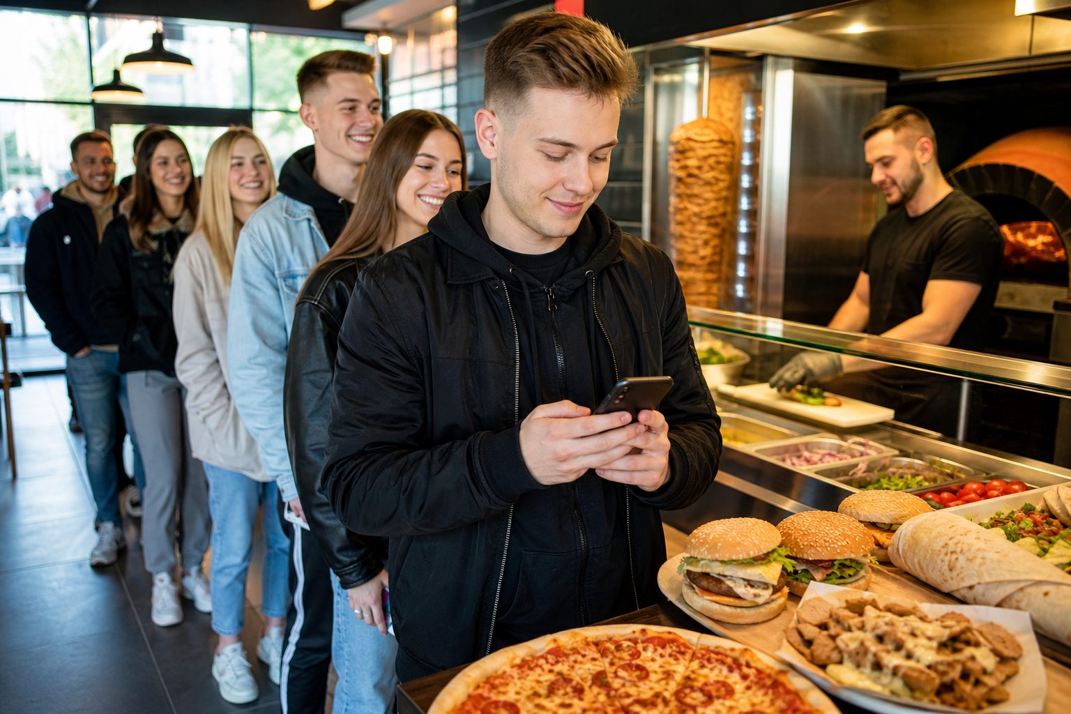 Klient wybiera lokal z pizzą, kebabem i burgerami przez telefon, przy ladzie czeka kolejka.