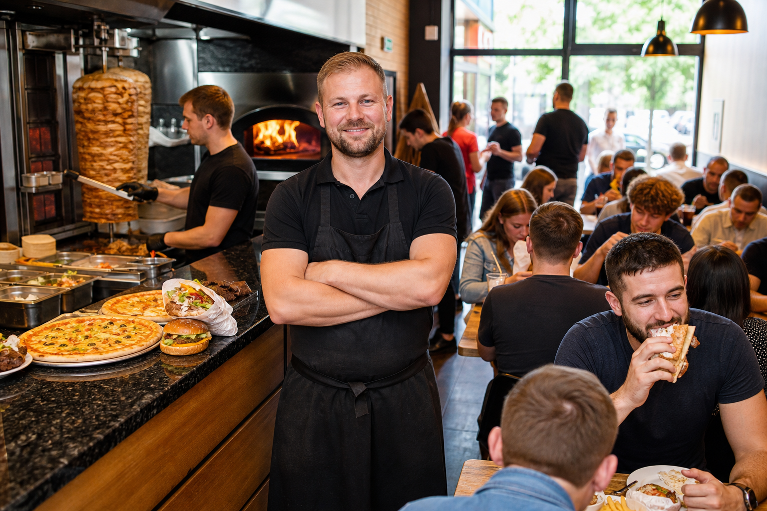 Dumny właściciel w pełnym lokalu z pizzą, kebabem i burgerami podczas lunchu w Łodzi.