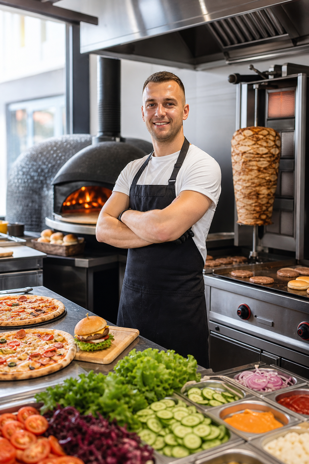 Pewny siebie właściciel w kuchni z piecem do pizzy, kebabem i grillem do burgerów.