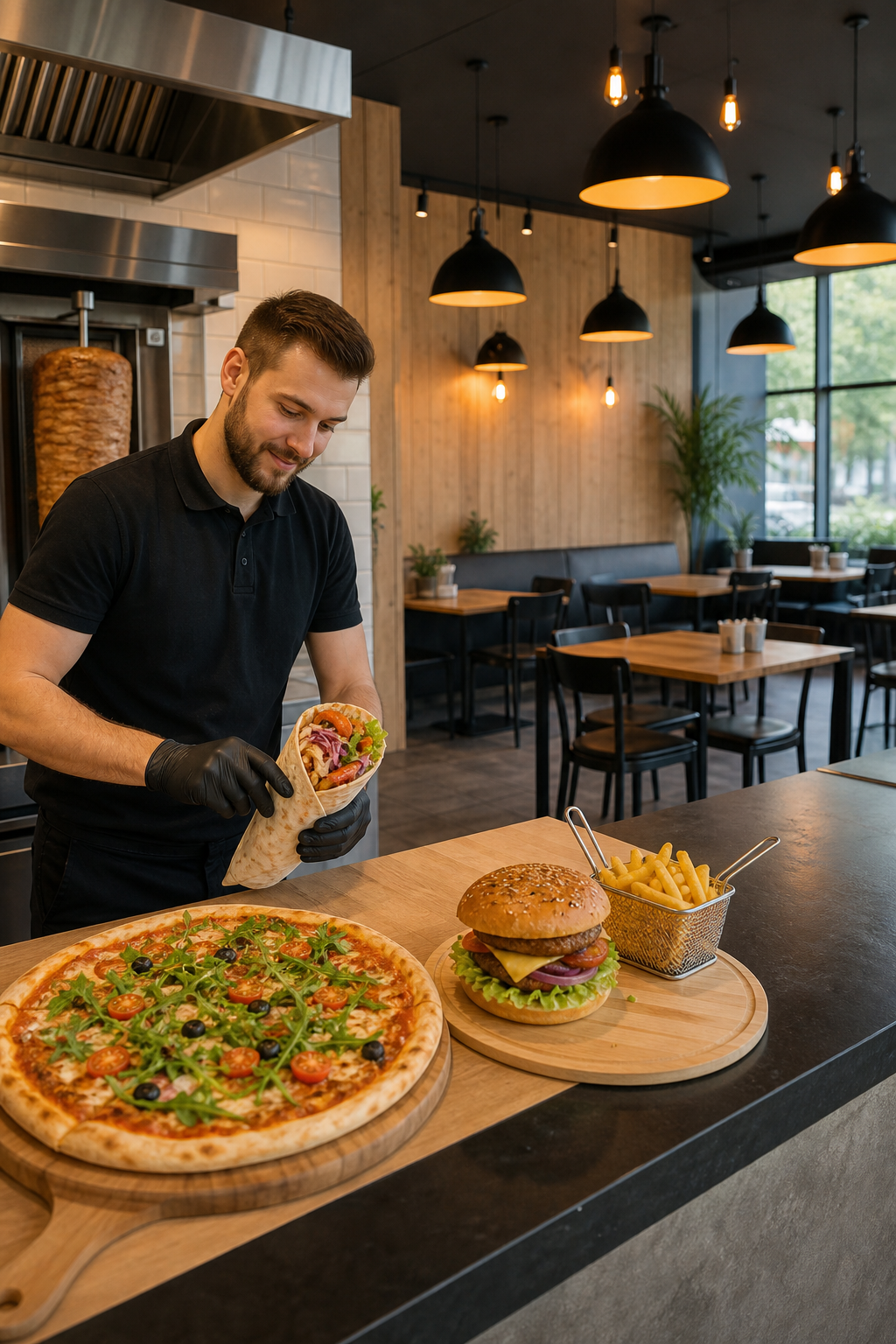 Schludny lokal z pizzą, kebabem i burgerem w spokojnym momencie, gotowy na klientów.