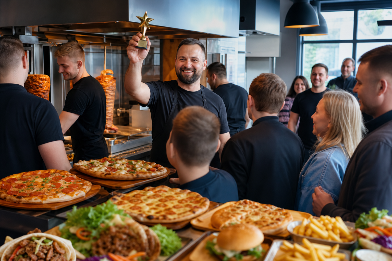 Ruchliwy lokal fast food w Łodzi, właściciel z trofeum przy pizzy, kebabie i burgerach.