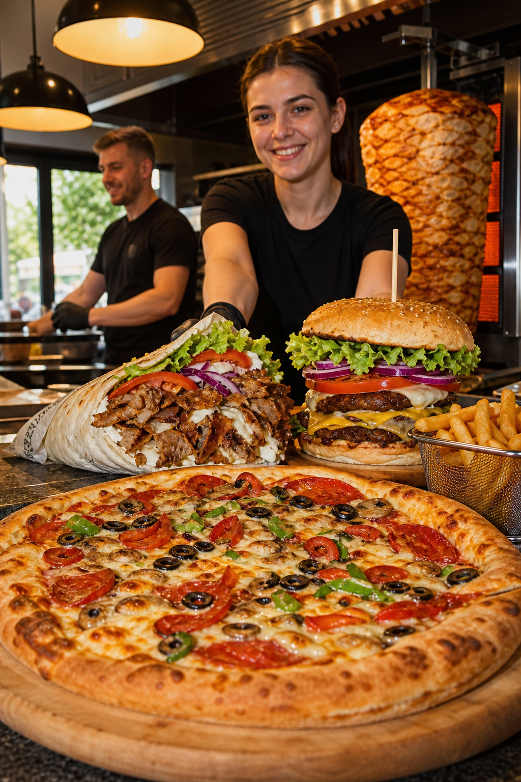 Atrakcyjne dania fast food czekają przy ladzie: pizza, kebab, burger i frytki.
