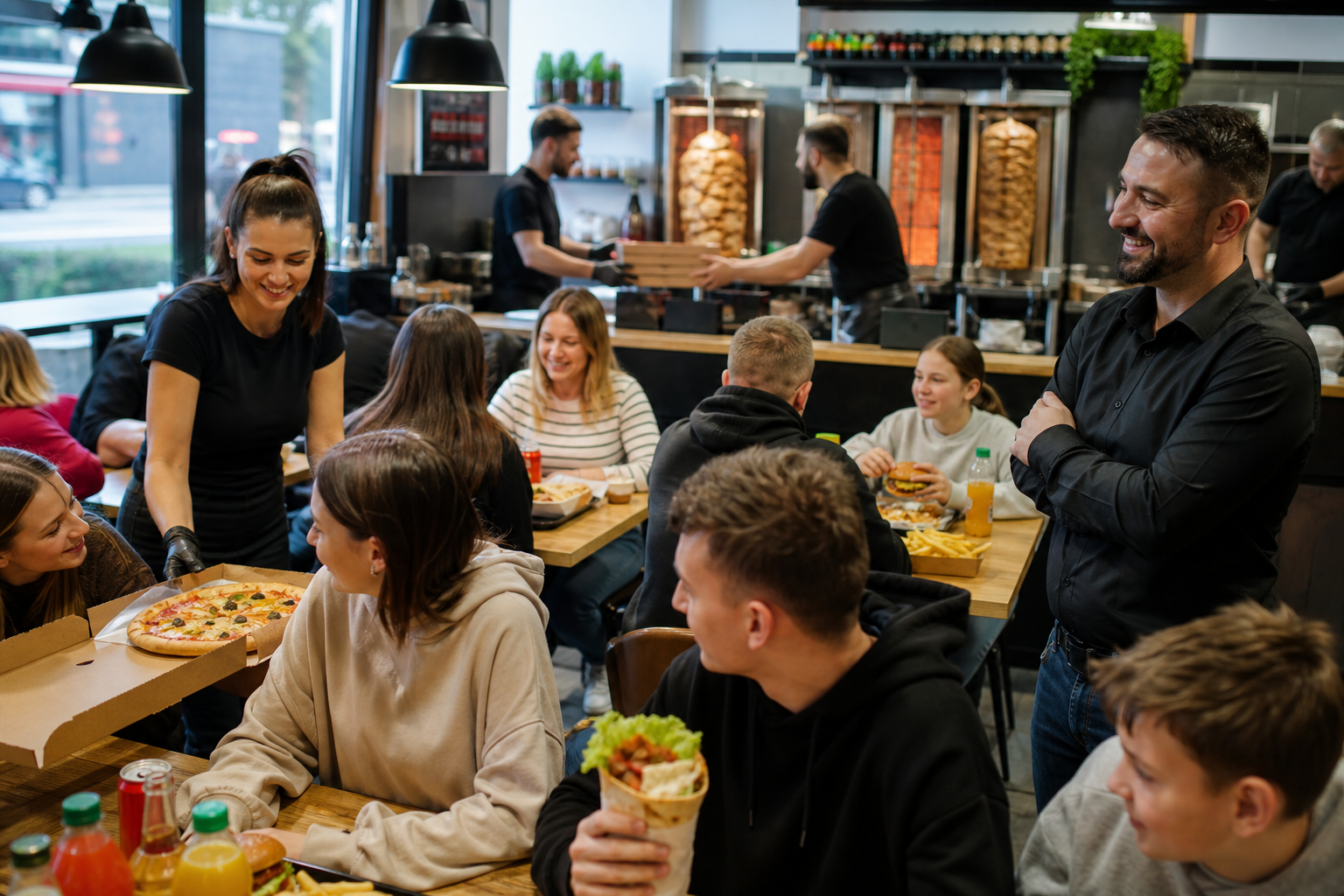 Coraz więcej klientów w łódzkim lokalu z pizzą, kebabem i burgerami, właściciel zadowolony.