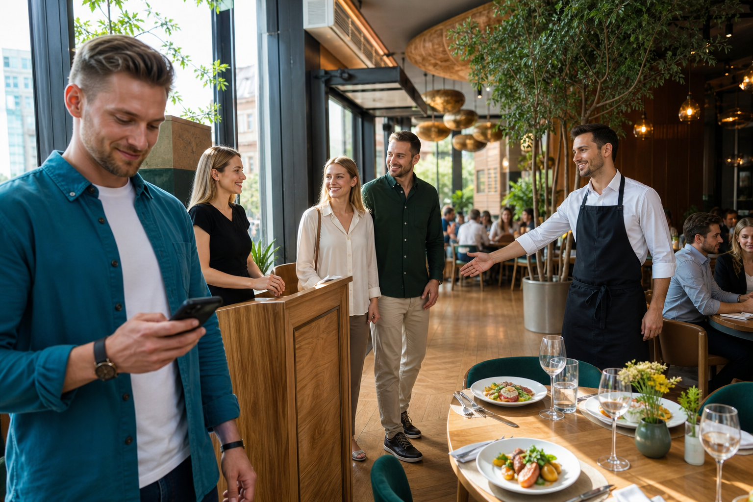 Klient wybiera restaurację w telefonie, a przy wejściu czekają goście.
