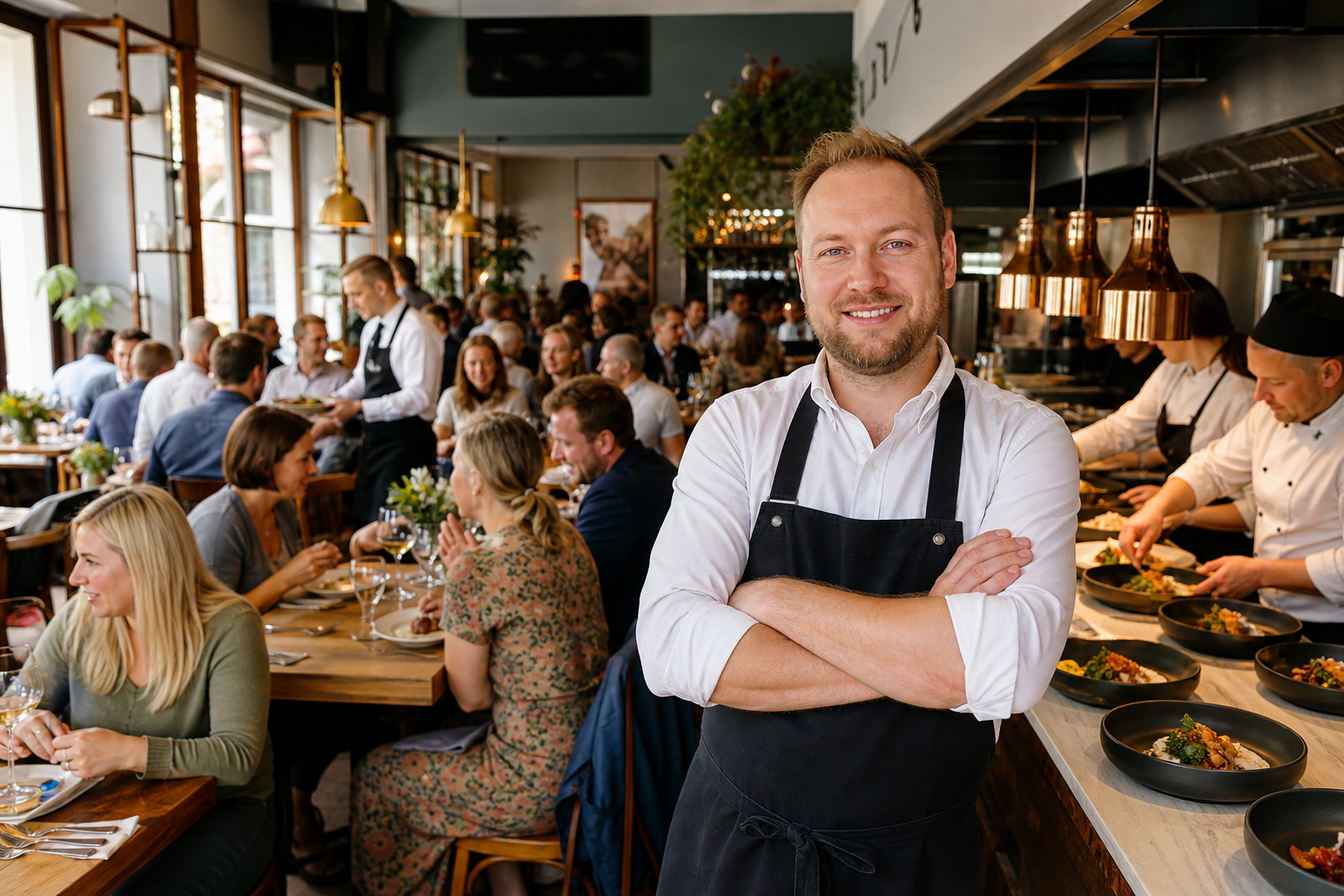 Dumny właściciel w pełnej restauracji symbolizuje sukces lokalu.