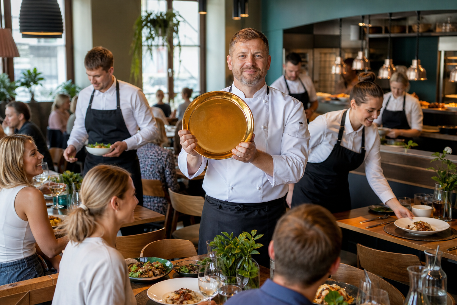 Tętniąca ruchem restauracja z symbolem zwycięstwa i pełnymi stolikami.