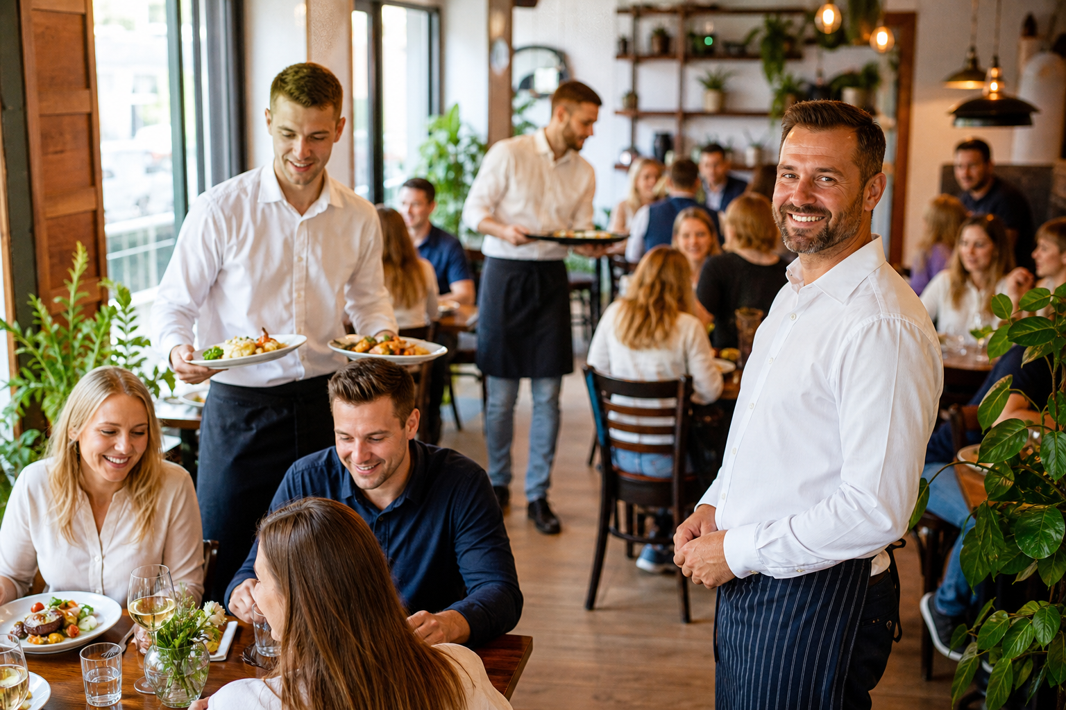 Restauracja rozwija się, przybywa gości, a właściciel obserwuje ruch.