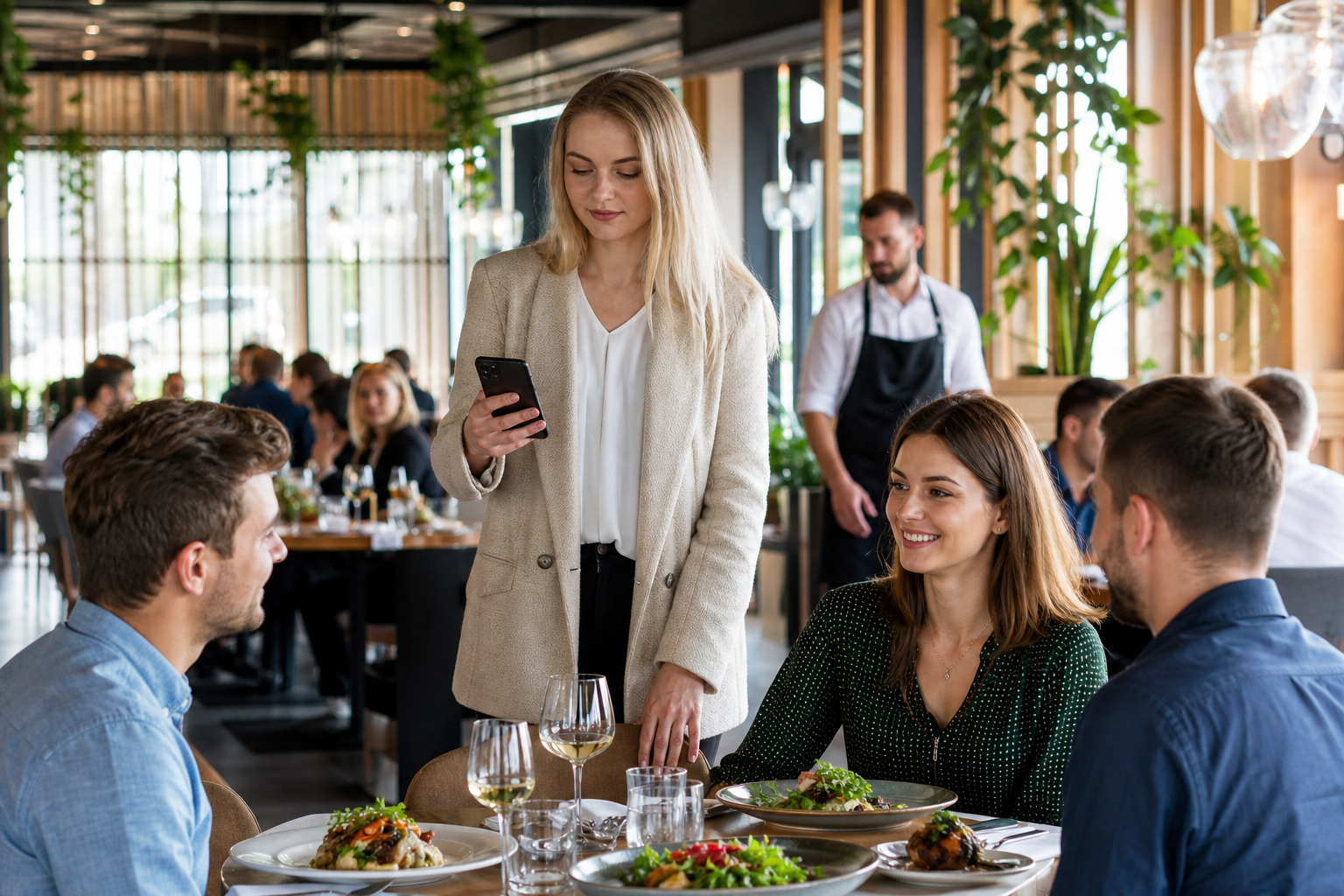 Klient w toruńskiej restauracji wybiera lokal na telefonie przy stoliku.