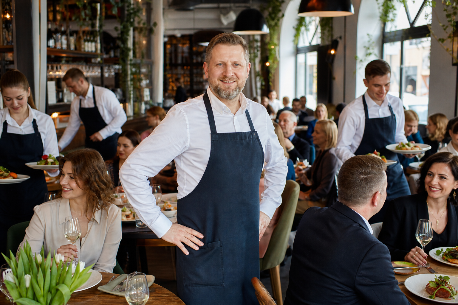 Dumny właściciel w pełnej restauracji w Toruniu świętuje sukces lokalu.