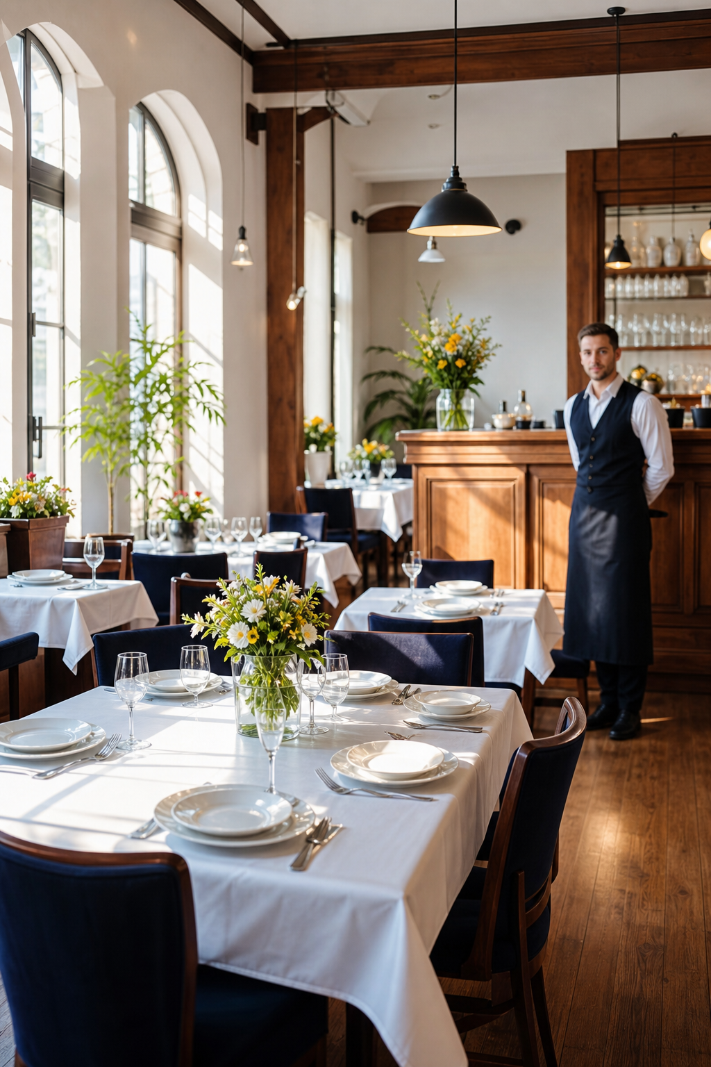 Ładna toruńska restauracja w spokojnym momencie z nakrytymi stolikami.