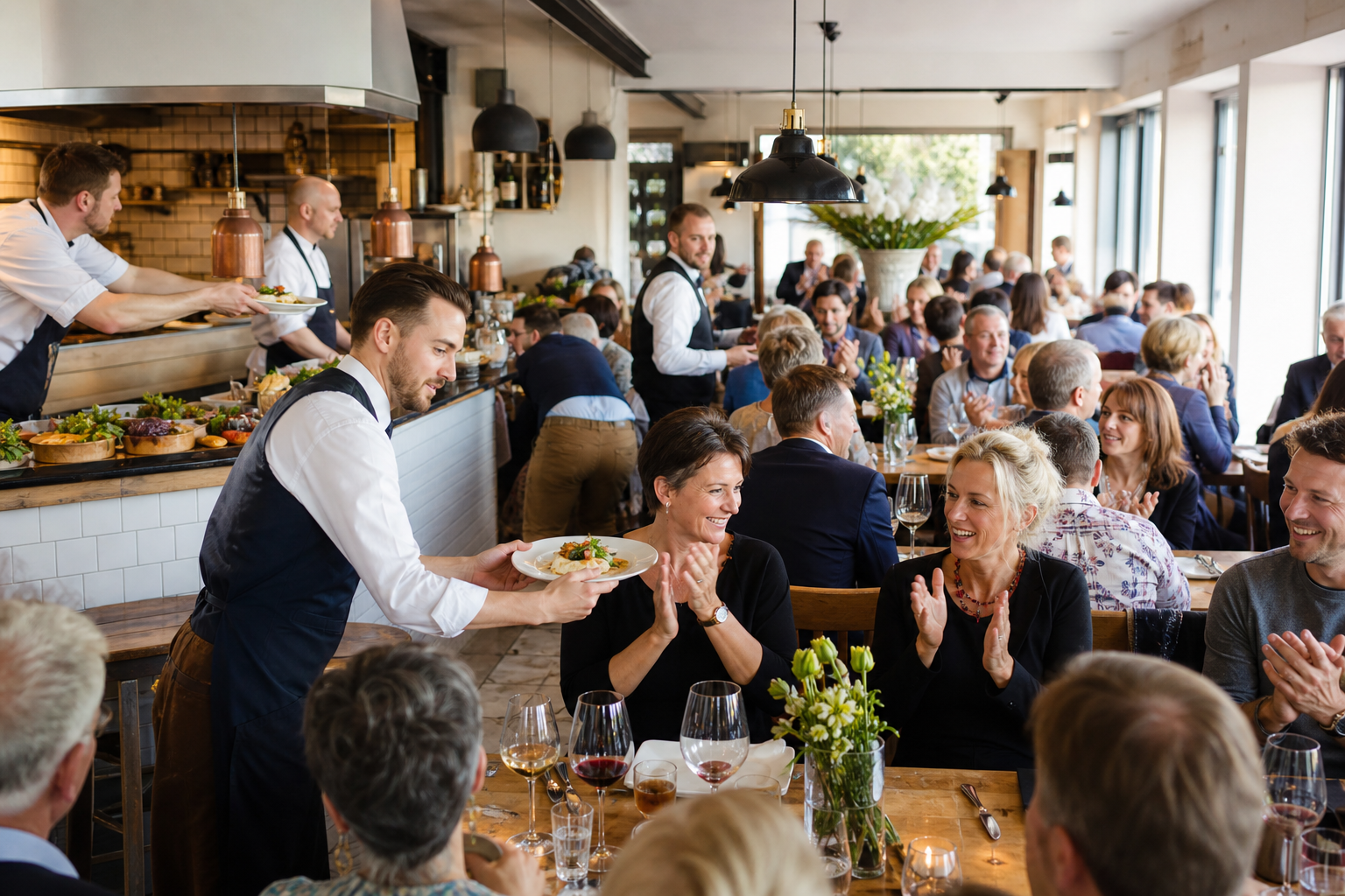Tętniąca ruchem restauracja w Toruniu, pełne stoliki i serwowane dania.