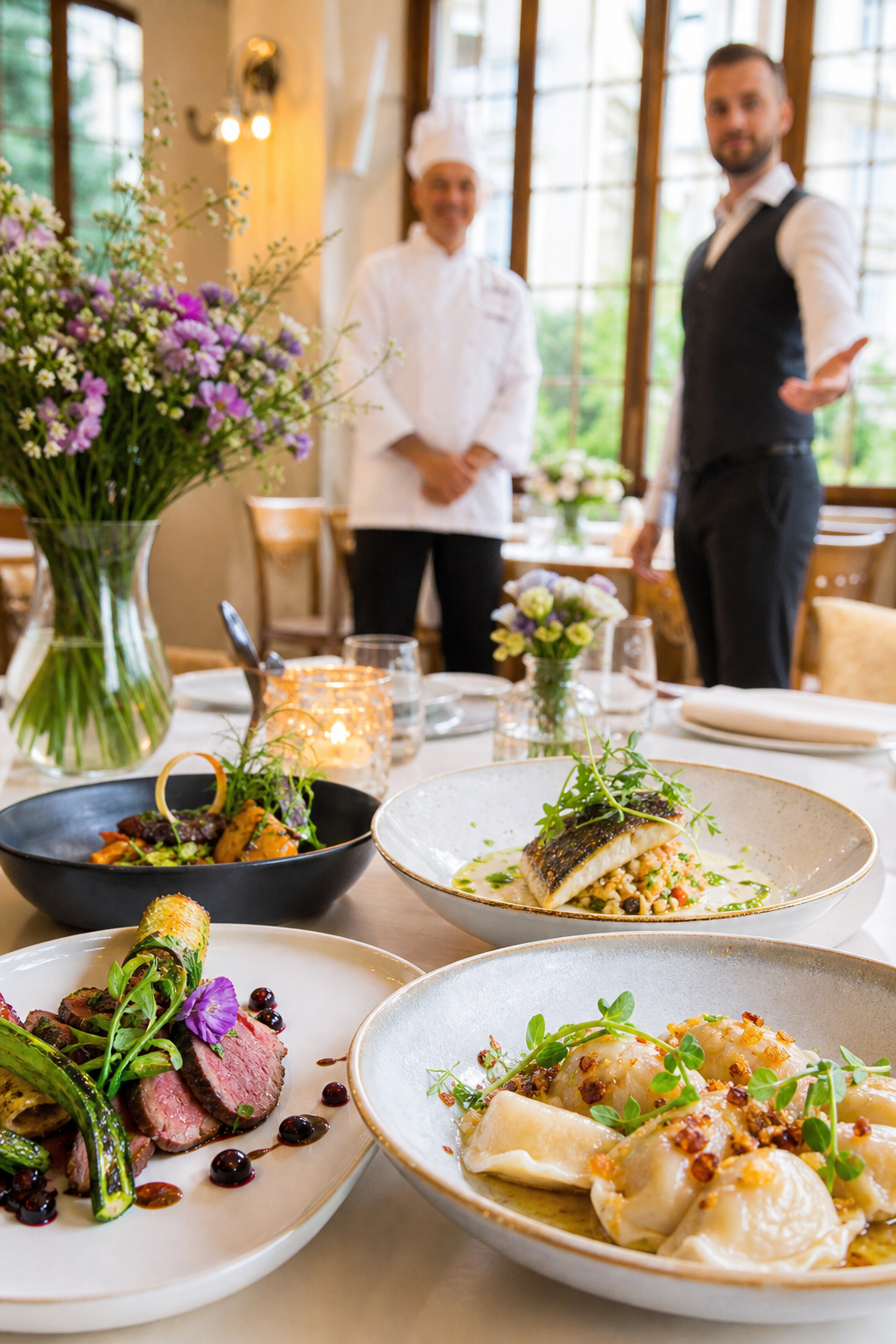 Gotowe dania w restauracji w Toruniu czekają na gości.