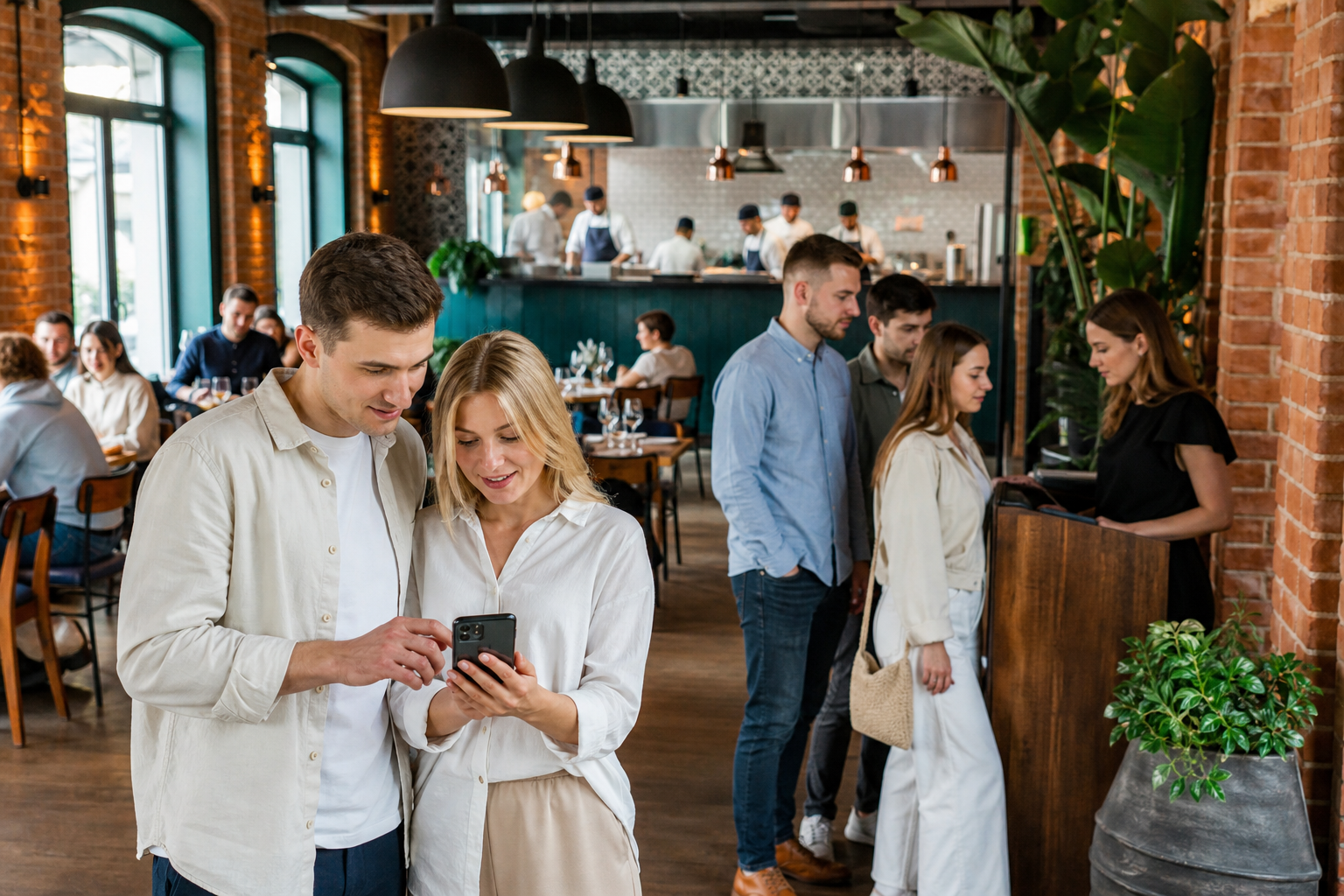Klienci wybierają restaurację w Toruniu, sprawdzając telefon przy wejściu.